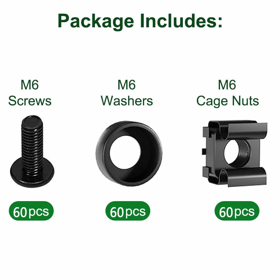 Set di 60 dadi e bulloni a gabbia M6 nero per montaggio su rack server e armadi di rete