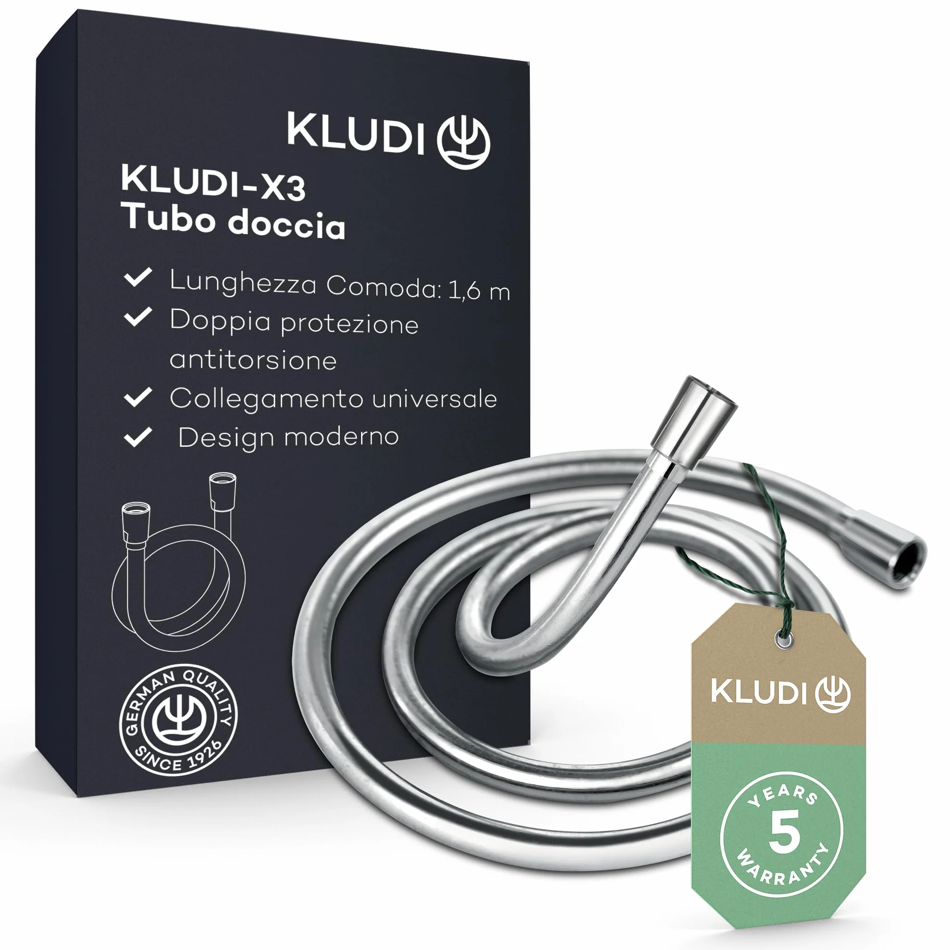 KLUDI-X3 tubo doccia universale 1,60 m, facile da pulire, flessibile doccia con doppia protezione antitorsione, resistente al kink, attacco standard, tubo flessible doccia cromo