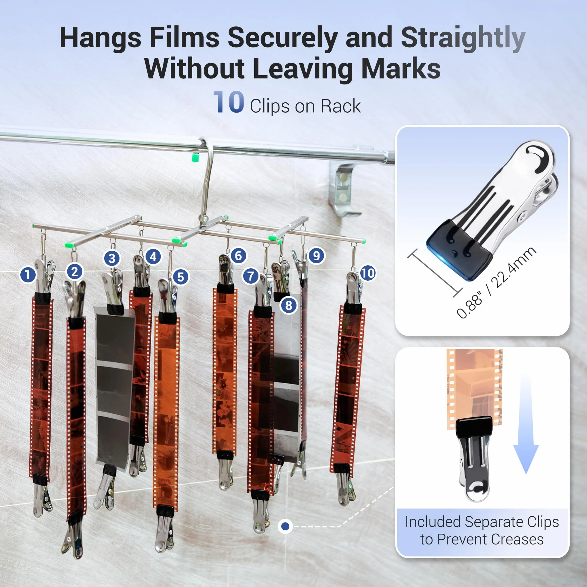 JJC 35 mm 120 Negative Film Asciugatura Hanging Rack con 10 clip, in acciaio inox pieghevole gancio per 135 120 film formato, accessori per lo sviluppo camera oscura