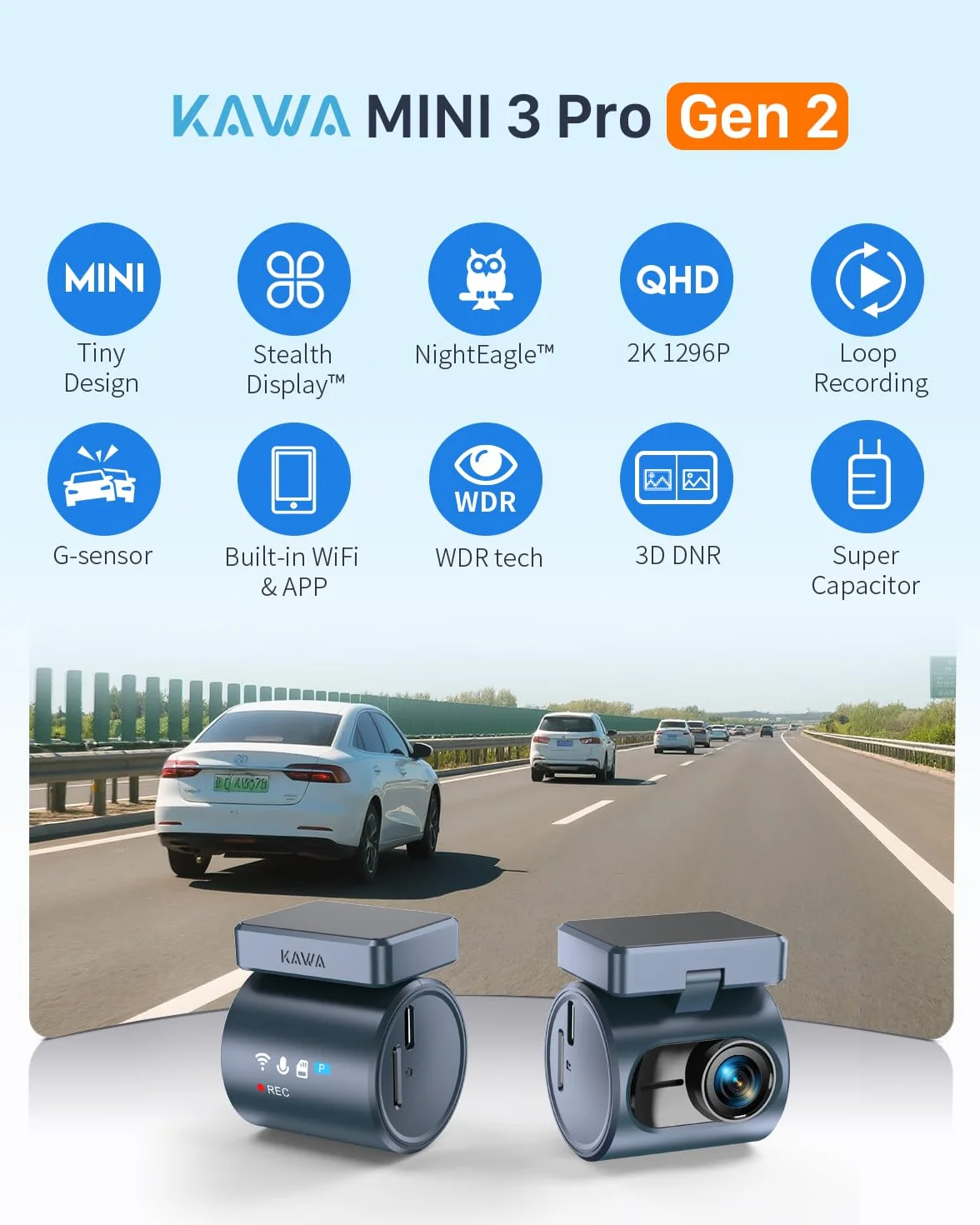KAWA Dash Cam Auto - Display Trasparente con Controllo Vocale, 2K1296P Piccola Telecamera,Visione Notturna, 145° FOV, Supercondensatore, Include SD 32GB, Sensore G, Controllo App