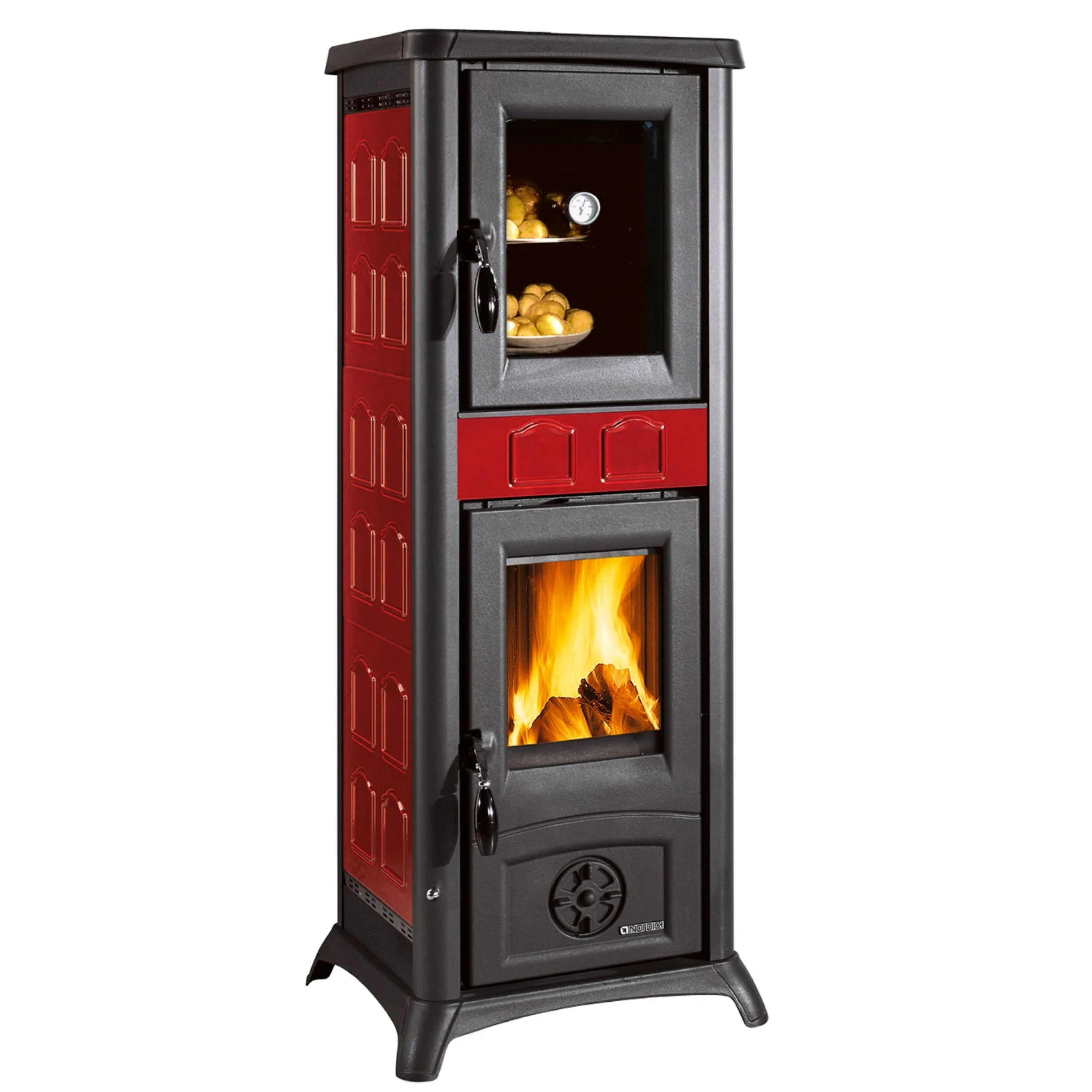 Stufa A Legna 'Gemma Forno' Con Forno Smaltato. Rivestimento Esterno In Maiolica. Porte, Testata E Focolare In Ghisa. Vetro Ceramico Resistente A 750°. Dimensioni Mm. 460X495Xh.1207