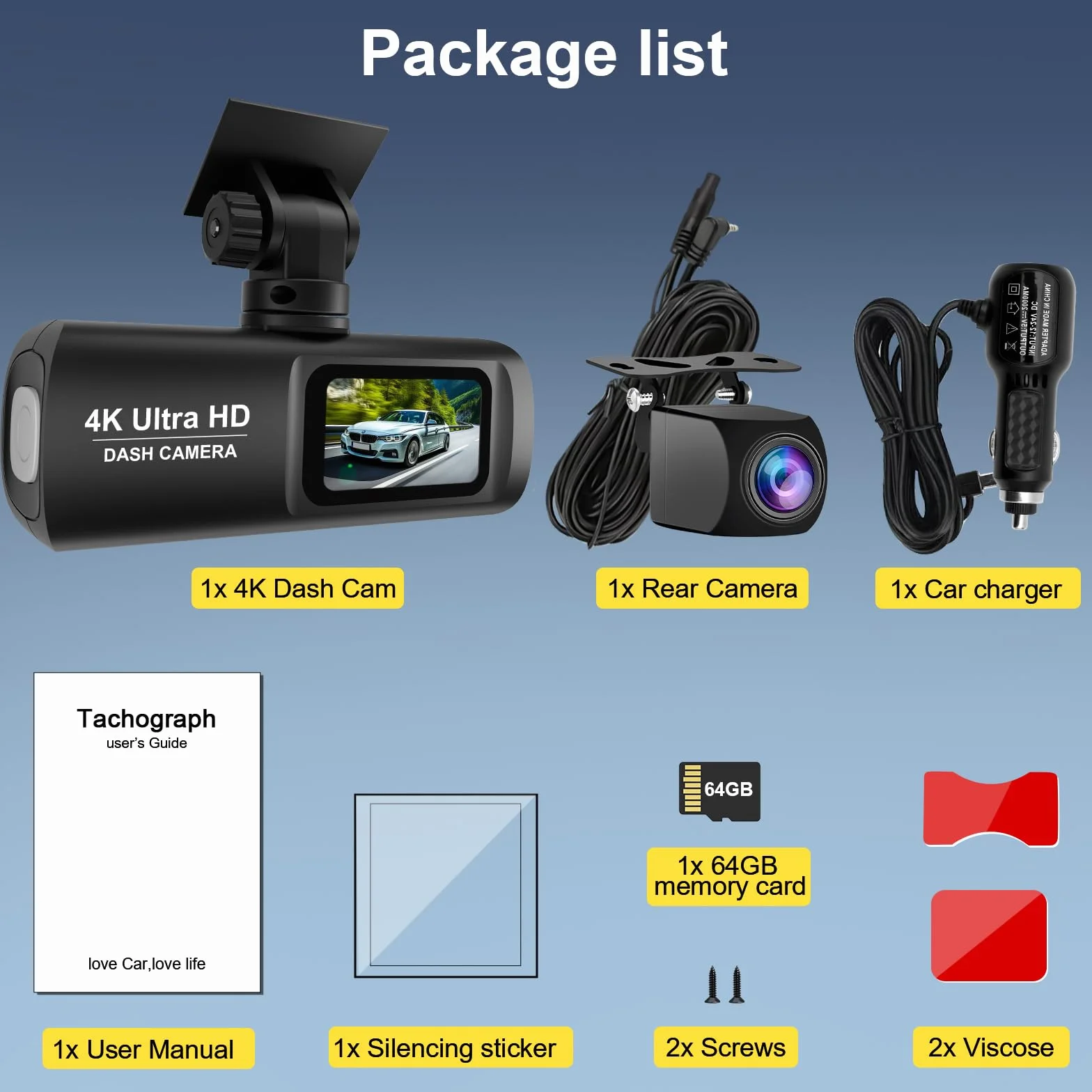 Dash Cam Auto 4k + 1080P, WiFi Dashcam Telecamera per Auto Atti Vandalici con Visione Notturna Migliorata, Sensore di Gravità, Registrazione in Loop, WDR