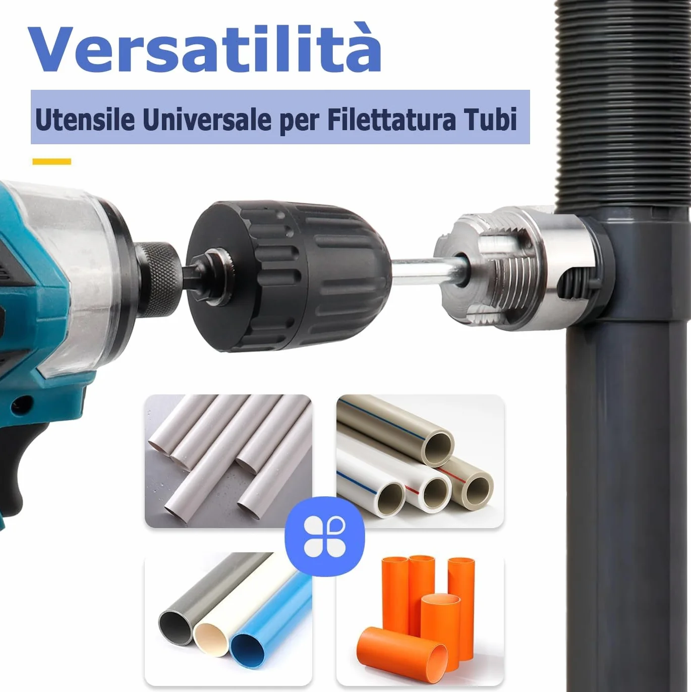 Mesee Kit per Filettatura Tubi PVC, Strumento Filettatura Interna ed Esterna, Compatibile Trapano Elettrico, 1/2"-1" PVC/PPR