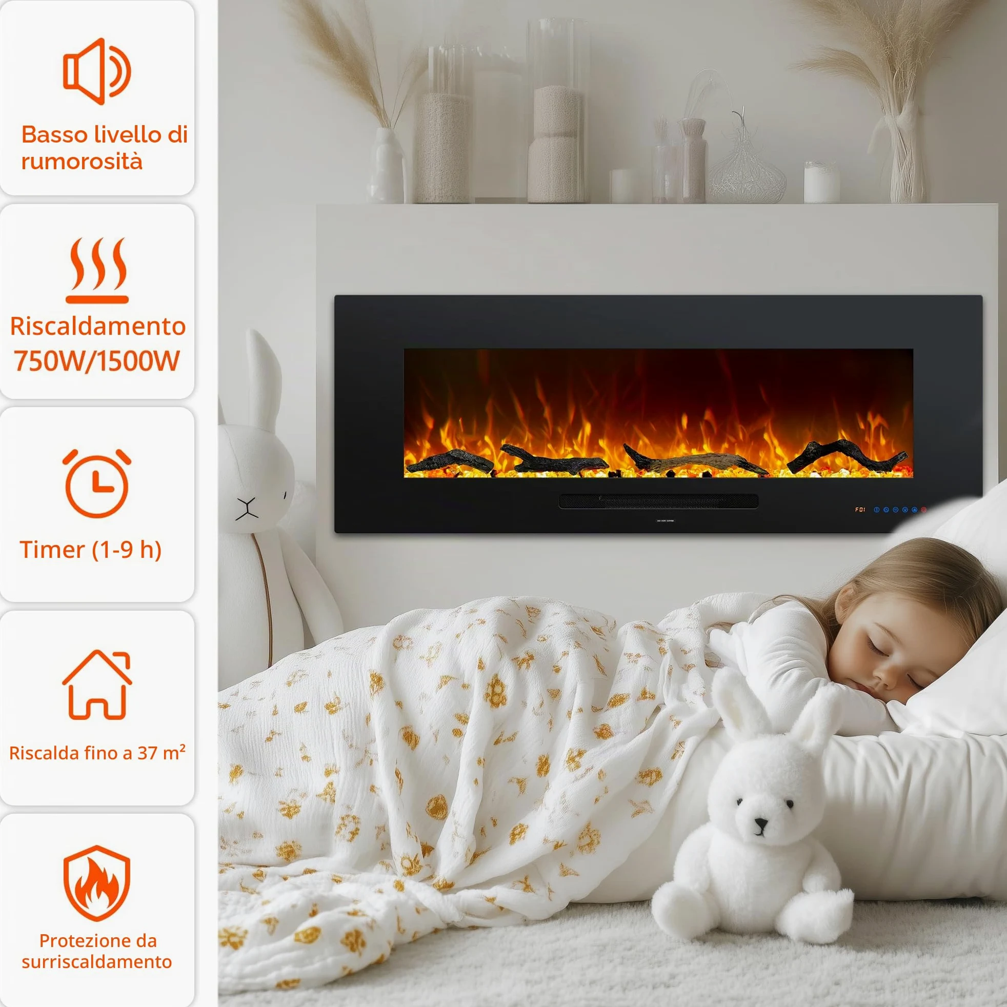 OxharkFlame - Inserto per camino elettrico da incasso, 127 cm, colore: Nero | Camino Elettrico Multicolore Fiamma, 750/1500W Termostato, Timer, Telecomando Touch Screen, Protezione Surriscaldamento