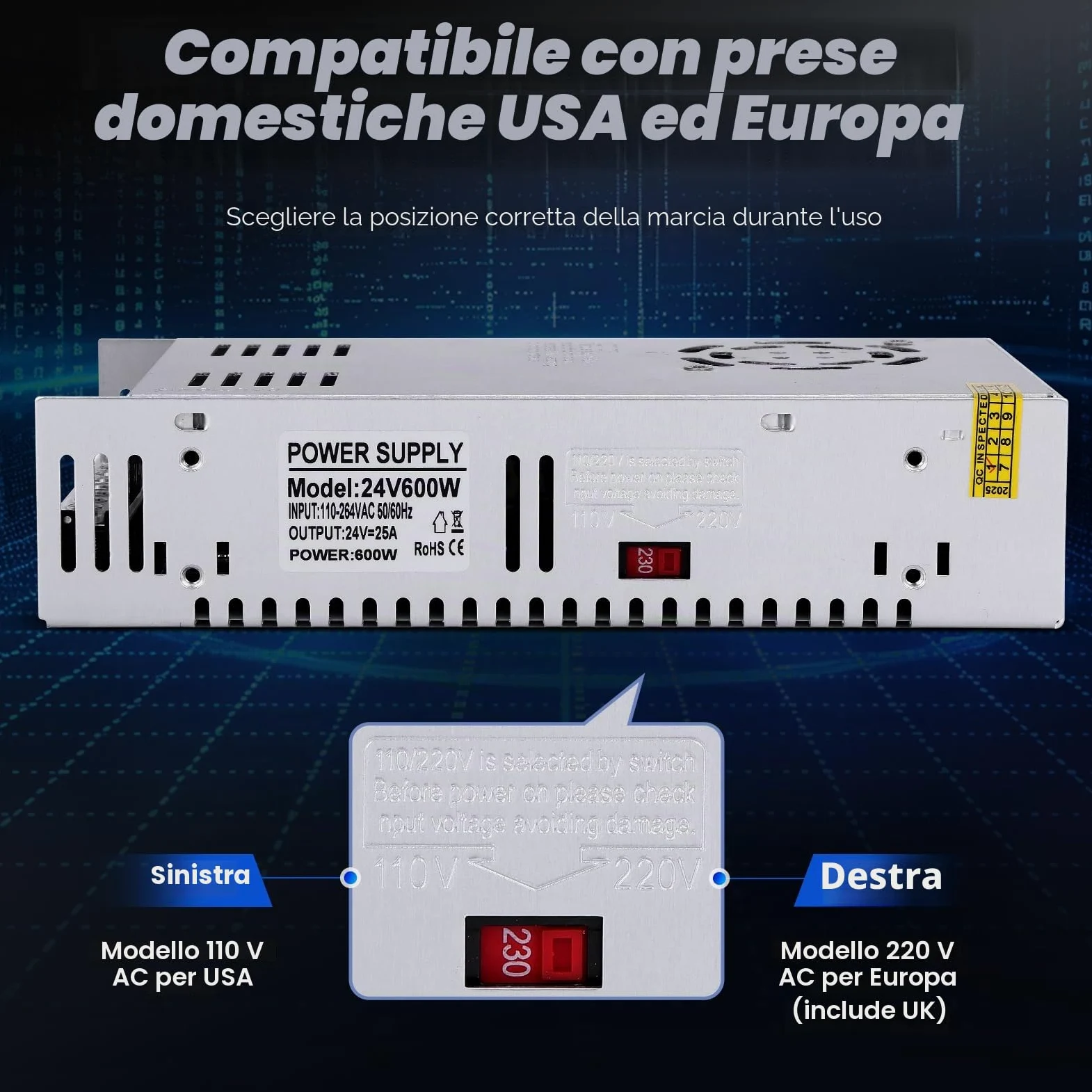 Alimentatore switching regolabile universale, 24 V, 25 A, 600 W, DC, adattatore LED, convertitore, trasformatore, adattatore per strisce LED, CCTV, progetto computer, radio, paesaggio