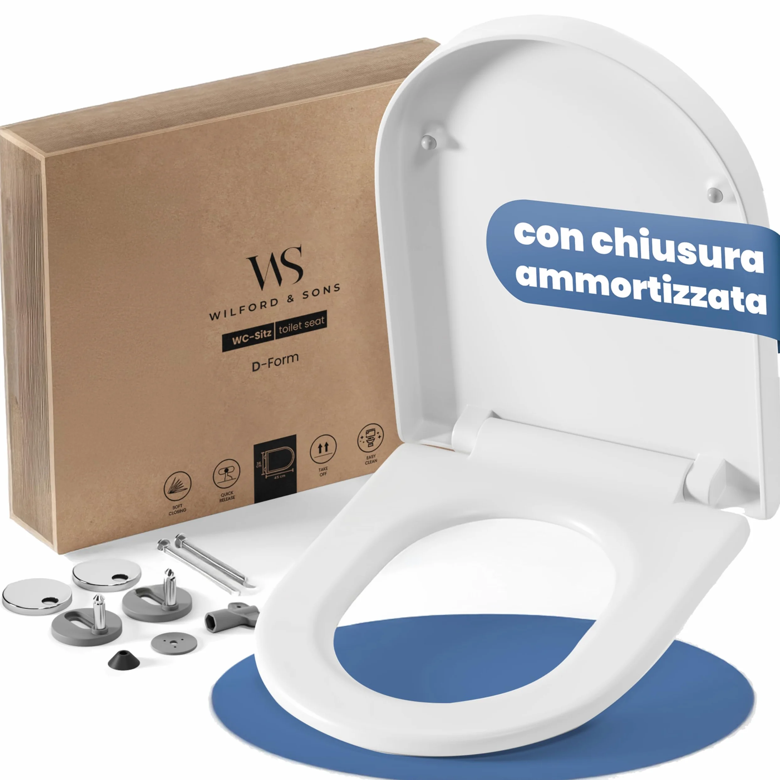 Wilford & Sons PREMIUM Coperchio del WC - Sedile WC con Chiusura Ammortizzata - Copriwater D-Form Bianco - Sedile del water di alta qualità - Sedile WC removibile - Sedile per toilette in Duroplast