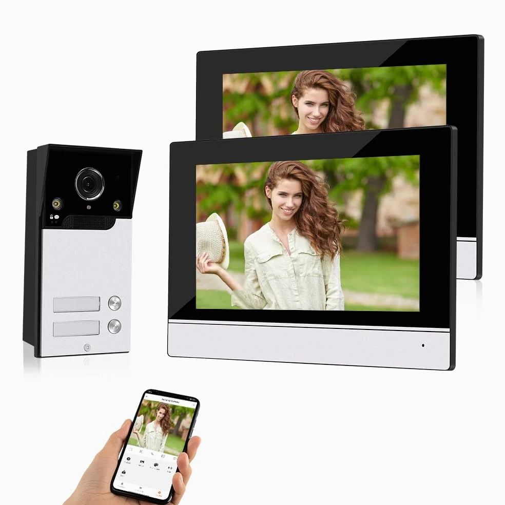 Tuya Multifamiliare Videocitofono WiFi 4 Fili Kit Smart,7''Monitor Touchscreen con 1080P Campanello Telecamera Esterno Cablata (per 2 Familiare)