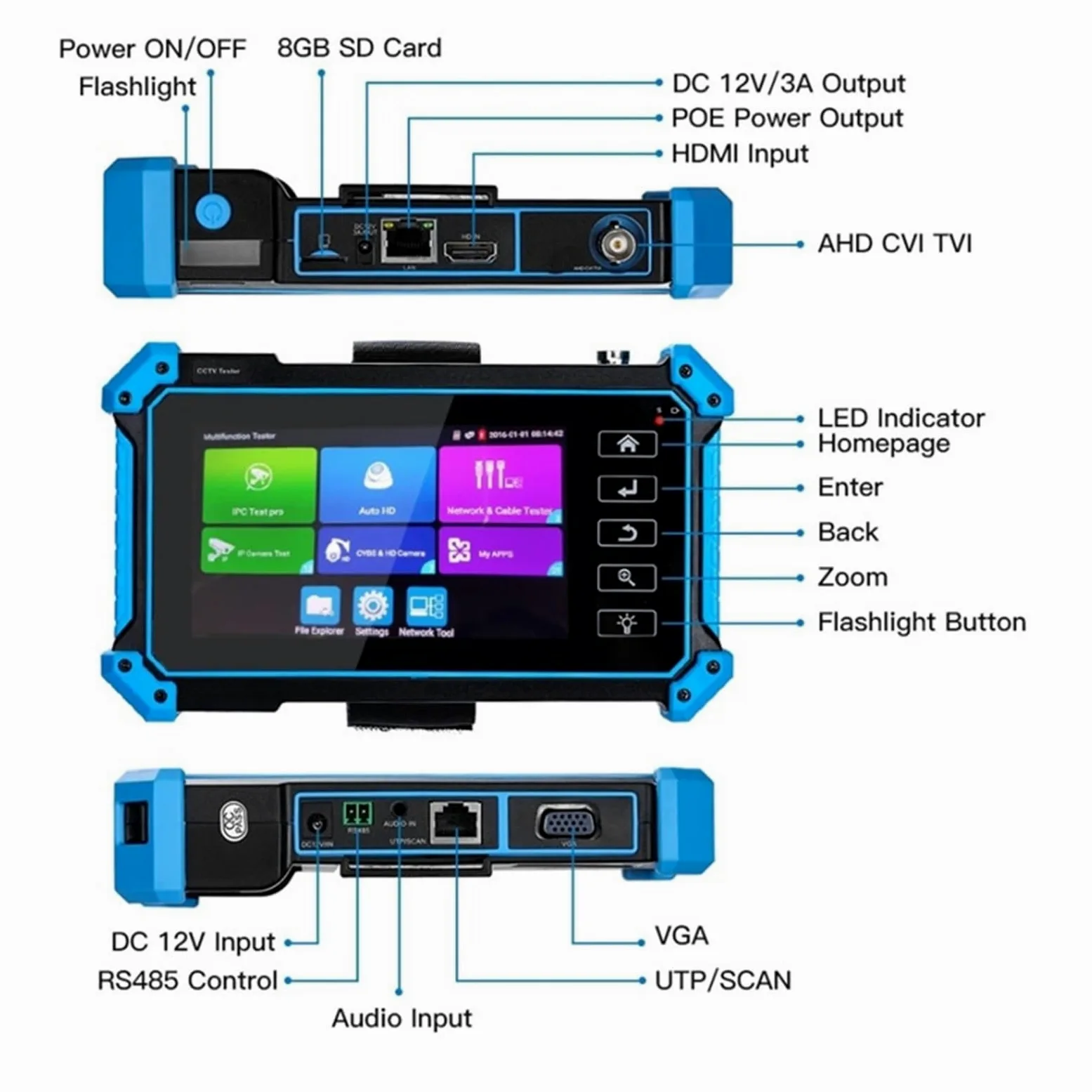 Tester per analizzatori CCTV Network Engineering Treasure IPC-5100Plus Tester completo coassiale analogico di rete Ingresso HDMI/VGA con touch screen/display LCD