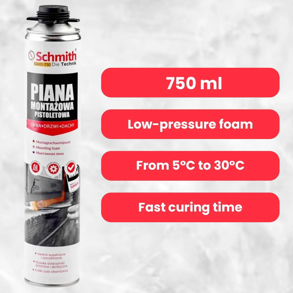 Kit 6 Schiume Poliuretaniche a Indurimento Rapido con Pistola PTFE 750ml per Montaggio Sigillatura Isolamento