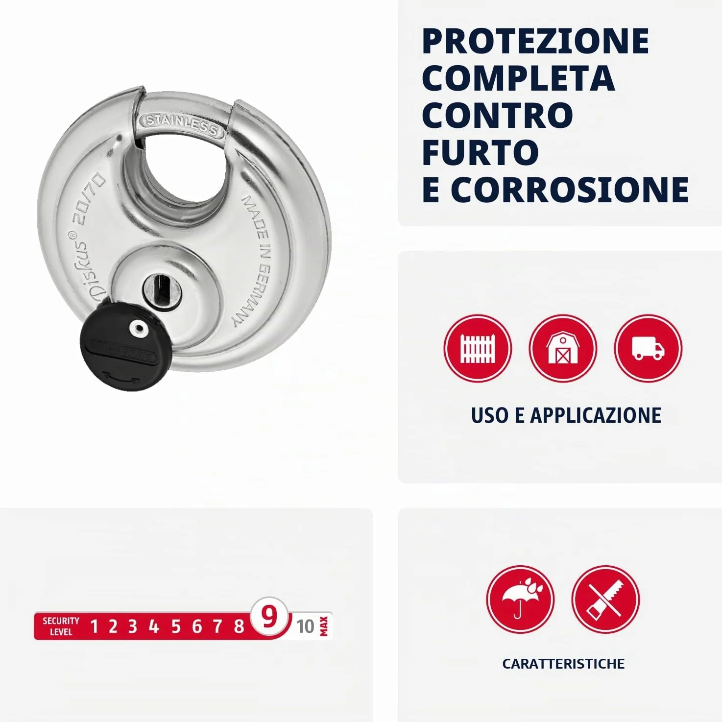 ABUS Lucchetto Diskus 20/70 - Sicurezza Livello 9, Impermeabile | Corpo e arco in acciaio inox - cilindro ABUS-Plus anti-manipolazione - 70x70x30,5 mm - protezione sporco e spruzzi