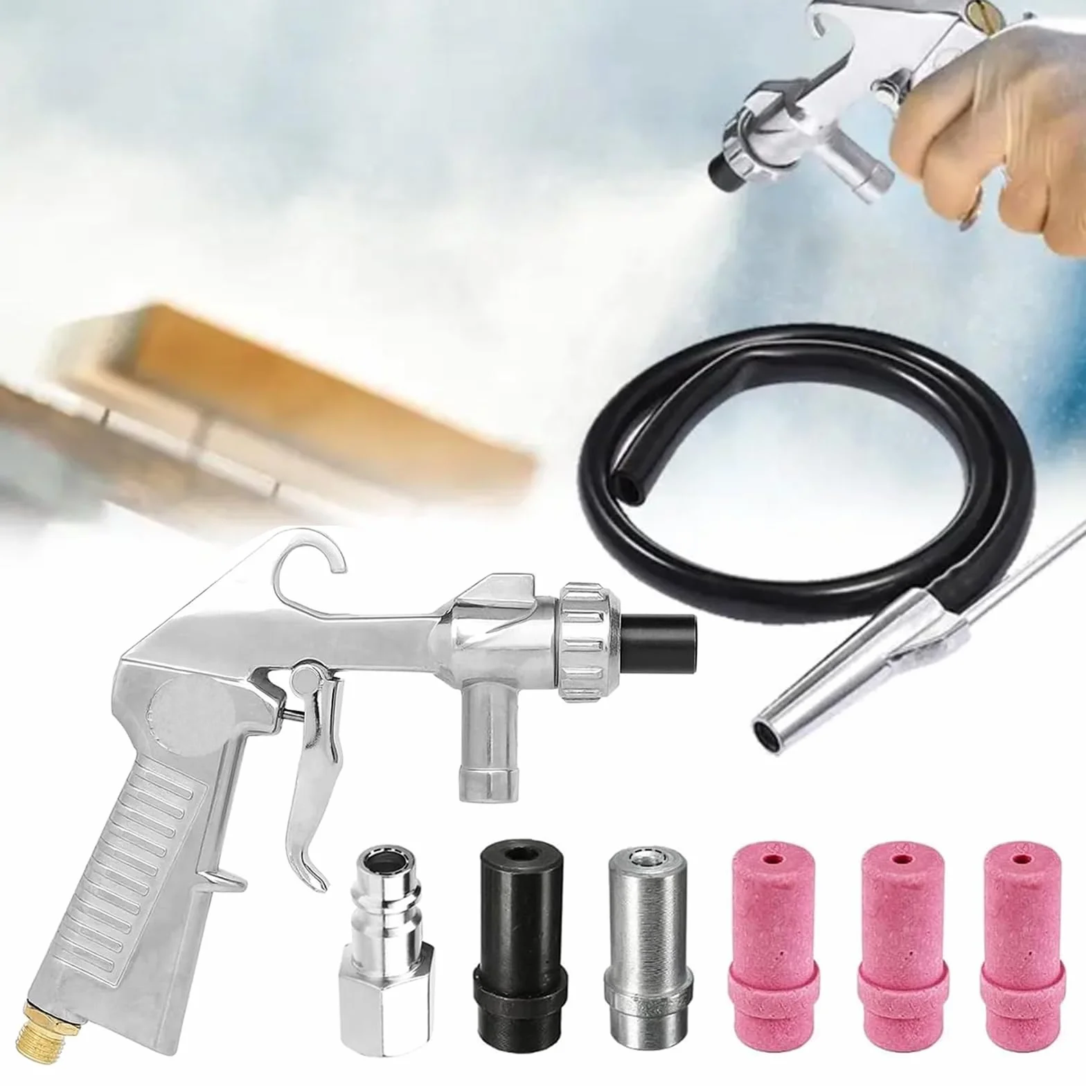 Pistola Sabbiatrice Pneumatica per Compressore con Ugelli e Tubo 1M Gomma Kit