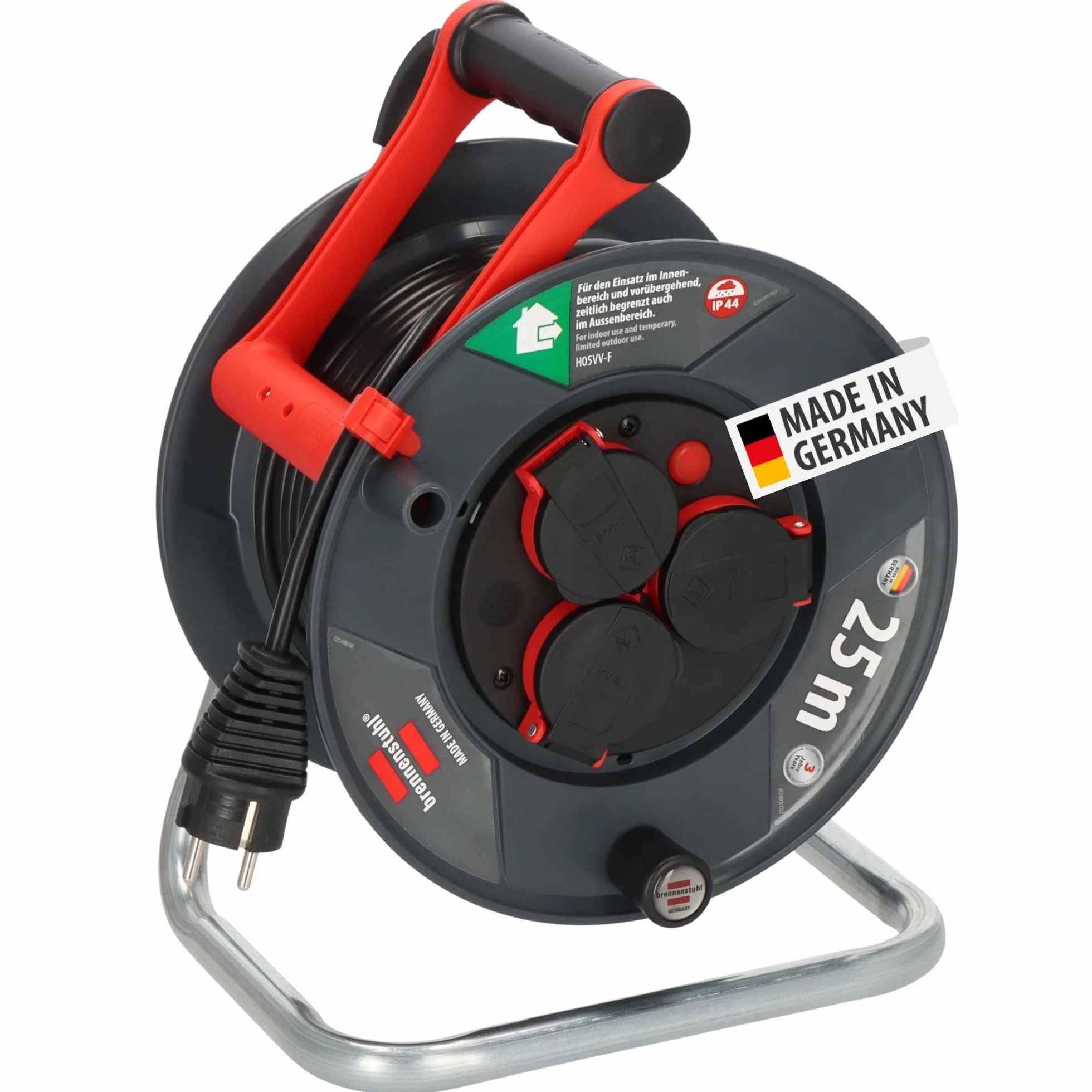 Brennenstuhl Garant, Avvolgicavo per esterni, IP44, 25 m (Made in Germany, 3 prese di sicurezza con migliore protezione da tocco, plastica speciale)