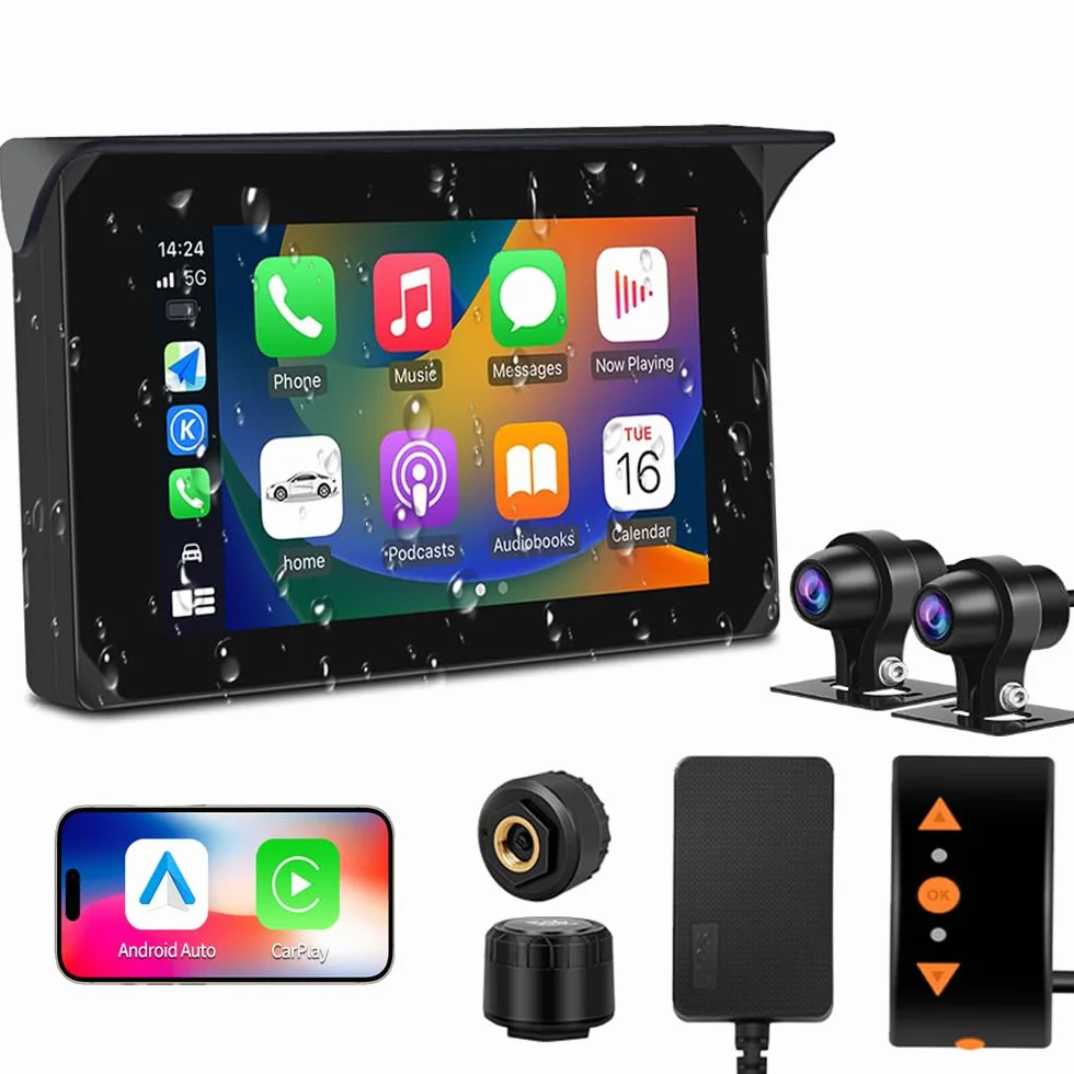Dashcam per moto VSYSTO, 5,0 pollici, impermeabile, touchscreen per auto e Android con doppia telecamera anteriore e posteriore 150°, 1080P, visione notturna, navigazione GPS, telecomando (CS5-Pro)