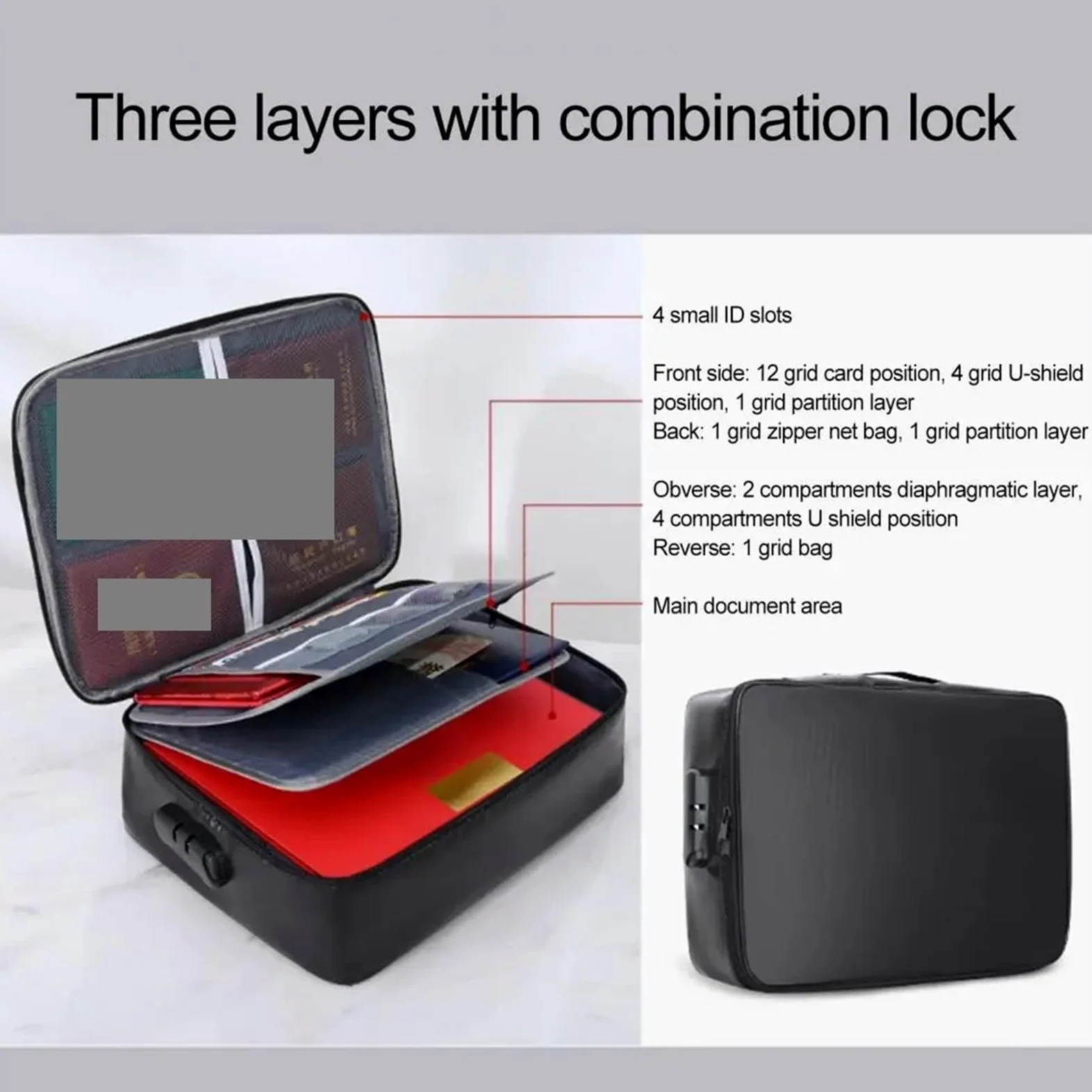 Borsa for documenti impermeabile for organizer di file con custodia for a 3 strati blocco password for viaggi a casa for certificati Per Domestico(Grey)