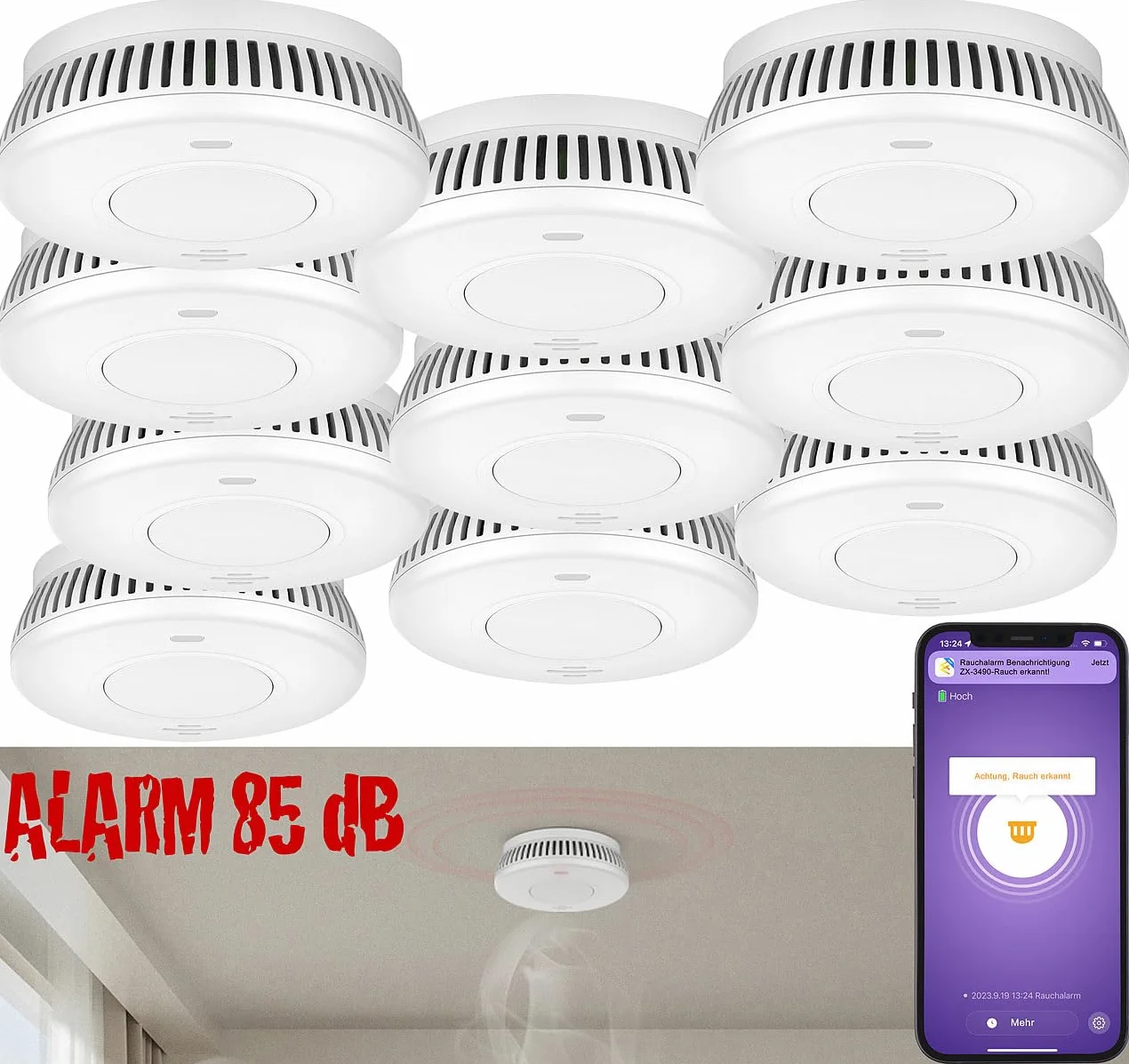 VisorTech sensori di rilevamento fumi: Set da 10 Rilevatore di fumo Wi-Fi, batteria integrata da 10 anni, 85 dB (allarme antincendio, rilevatore fumo wifi)
