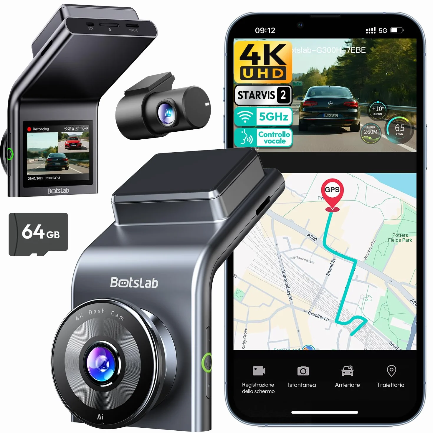 BOTSLAB Dash Cam 4K+1080PFronte Retro Dashcam con Scheda SD 64GB, Dashcam STARVIS 2,WiFi 5G,GPS,WDR Grandangolare a 170, Visione Notturna, WDR,Sensore G, Modalità Parcheggio 24H, Registrazione in Loop