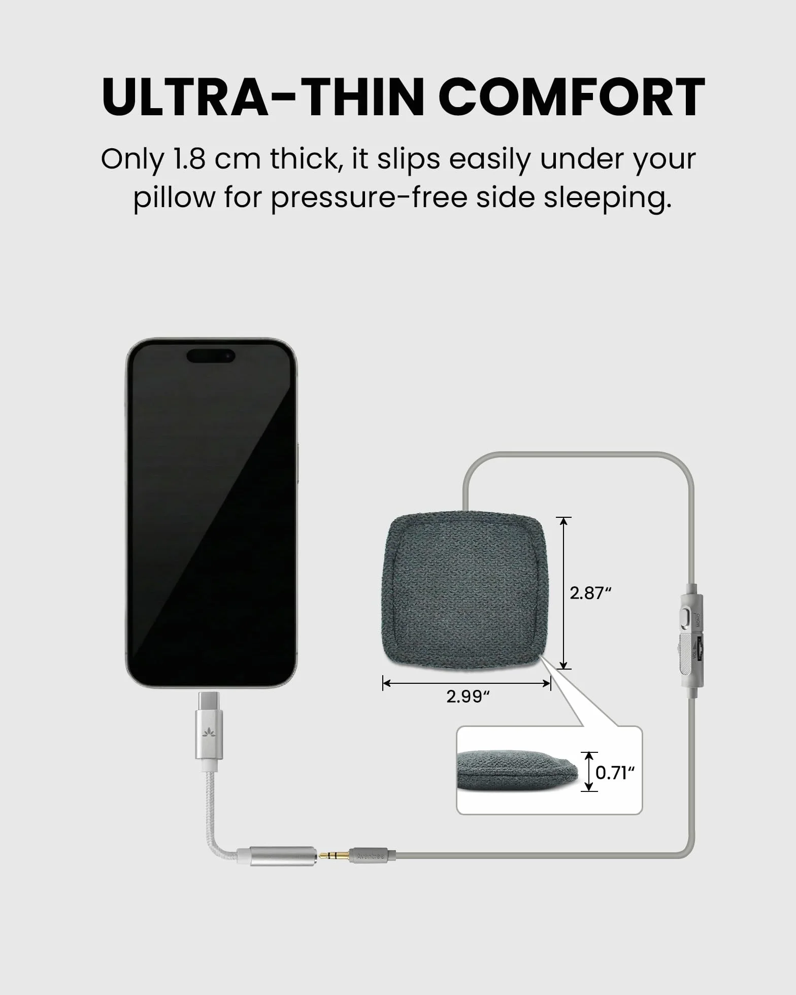 Avantree Slumber Mini – Altoparlante Da Cuscino Con Cavo Per Dormire, Audio Notturno Morbido, Senza Ricarica, Controllo Volume In Linea, USB-C E AUX, Cuffie Per Podcast E Audiolibri