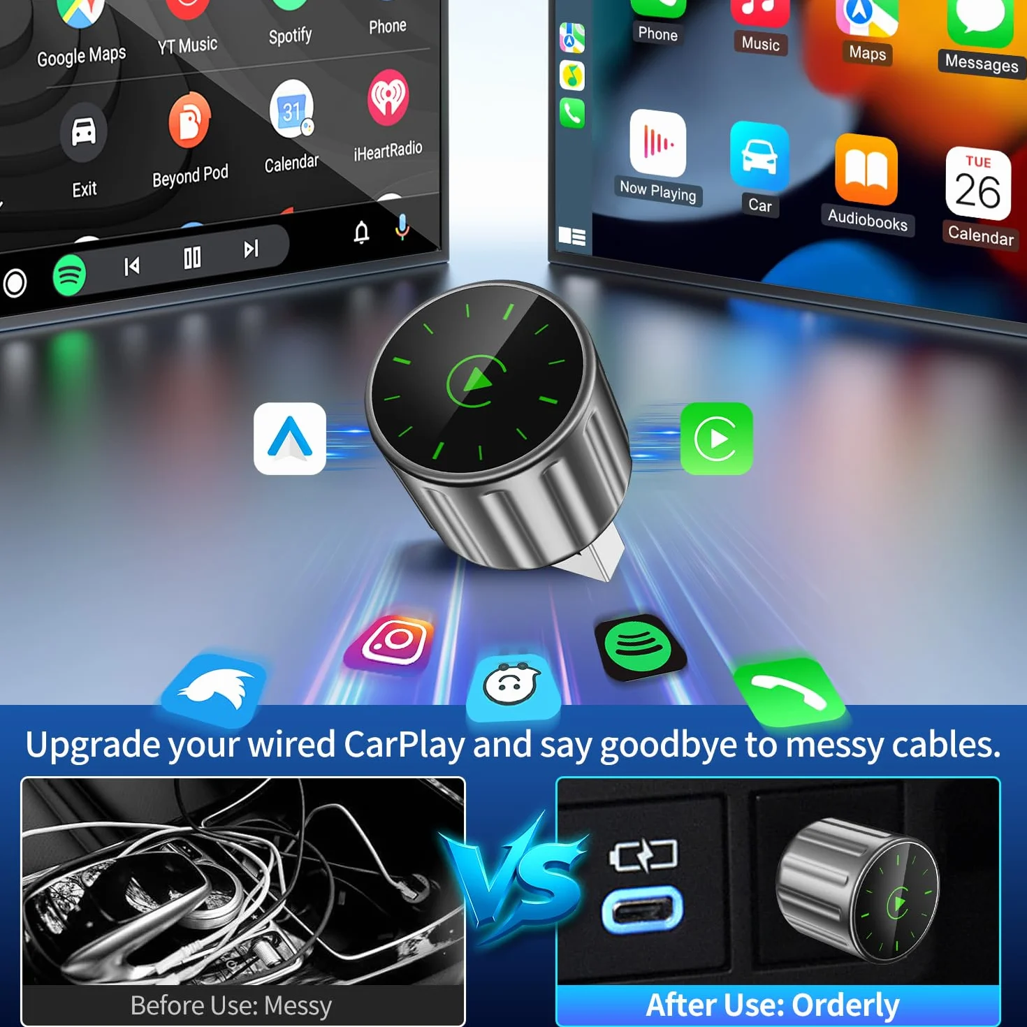 Adattatore 2 In 1 Wireless Carplay E Android Auto,Converte Da Cablato A Wireless, Connessione Automatica, Plug & Play per auto con CarPlay cablato,Supporta iOS 10+ e Android 11+ (Grigio)
