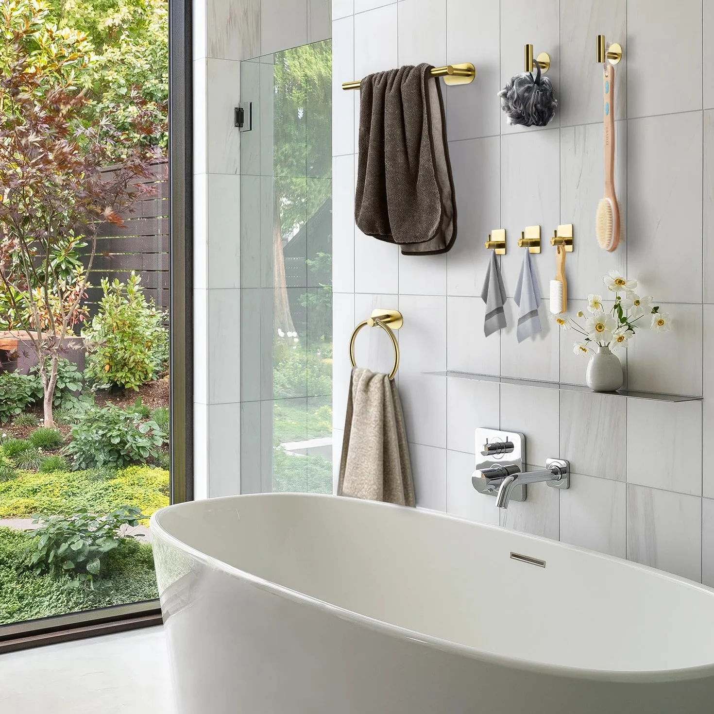 Set Porta Asciugamano 8 Pezzi Acciaio Inox Autoadesivo a Parete Bagno Cucina Oro