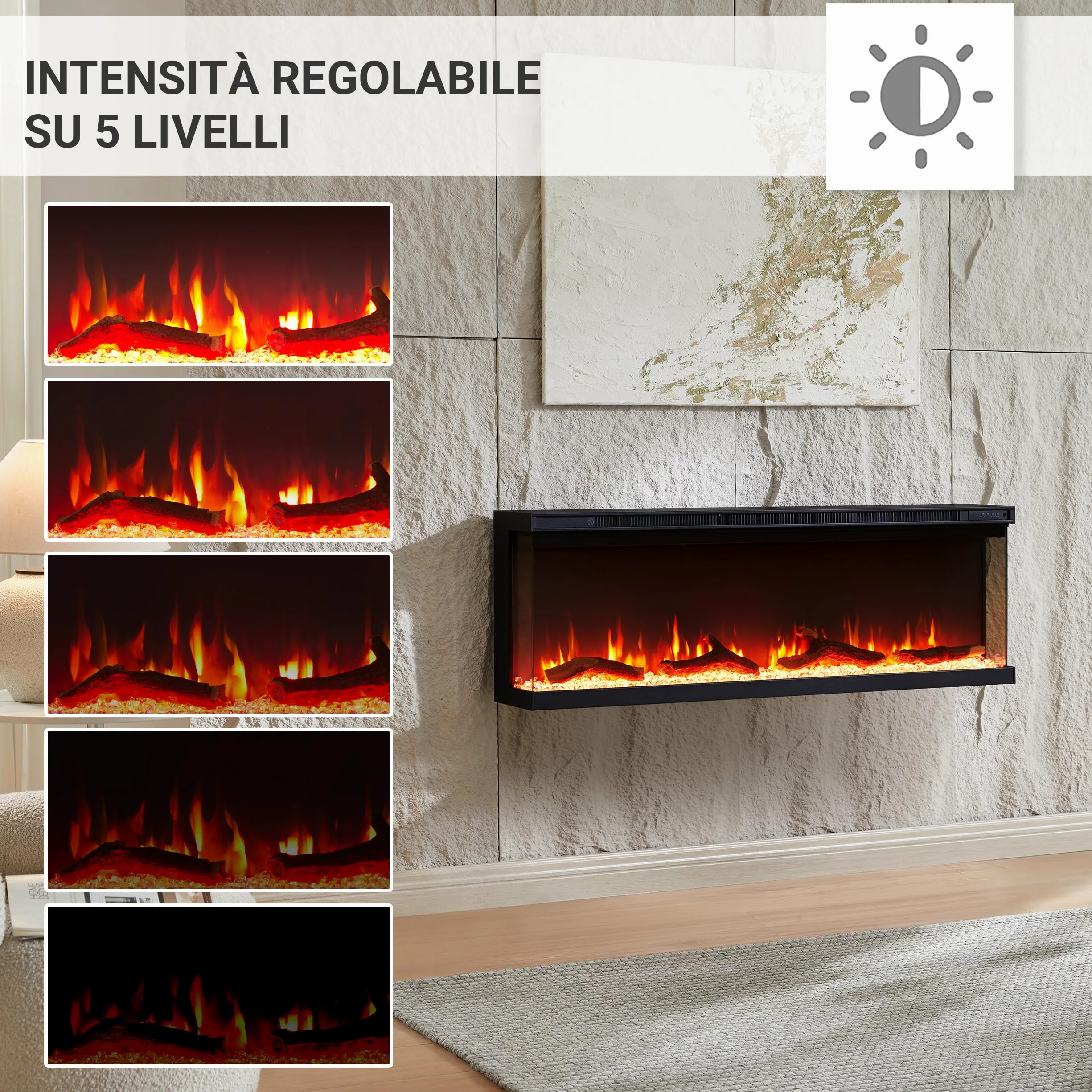 Camino elettrico BALDERIA Orson 50" | Camino elettrico da parete/incasso, effetto fiamma 3D LED, intensità variabile, riscaldamento 1800 W, timer, termostato, telecomando | nero