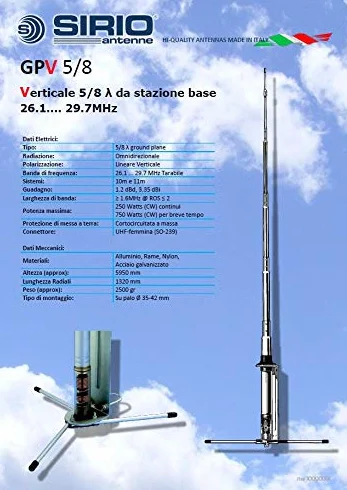 SIRIO ANTENNA DA BASE GPV 5/8 GROUND PLANE, Frequenza 26.10-29.7 MHz