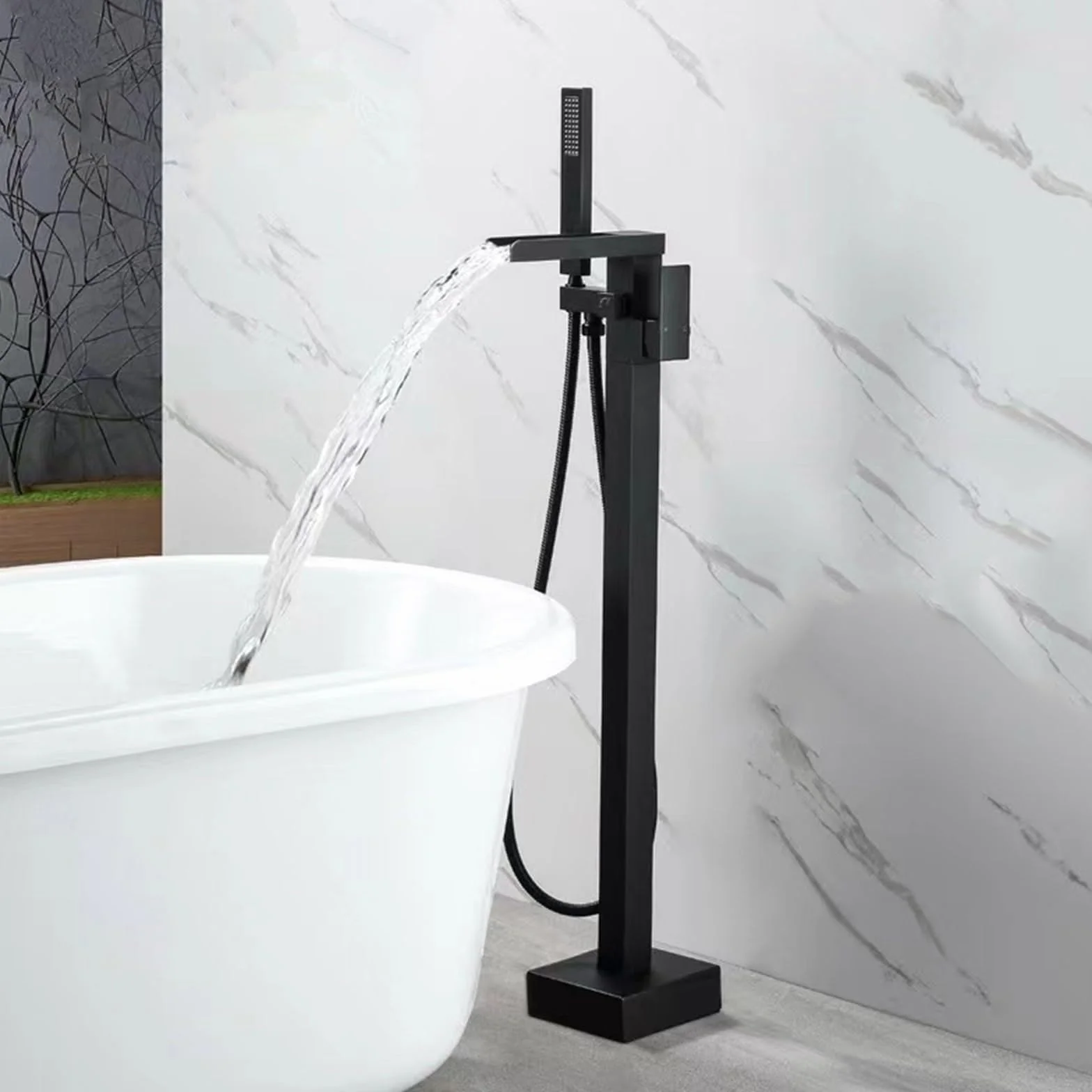 Rubinetto Vasca da Bagno Freestanding a Cascata Rubinetto Bagno Cascata con Doccia Portatile Per Vasca,nero