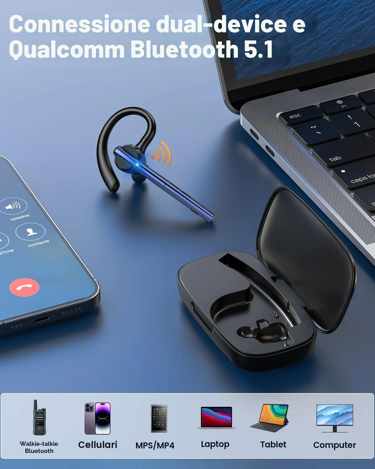 New Bee Auricolare Bluetooth Singolo V5.1 con 72 Ore di Conversazione CVC8.0 Auricolari Bluetooth Mono con Doppio Microfono con Custodia di ricarica a LED per iPhone, Android e Laptop