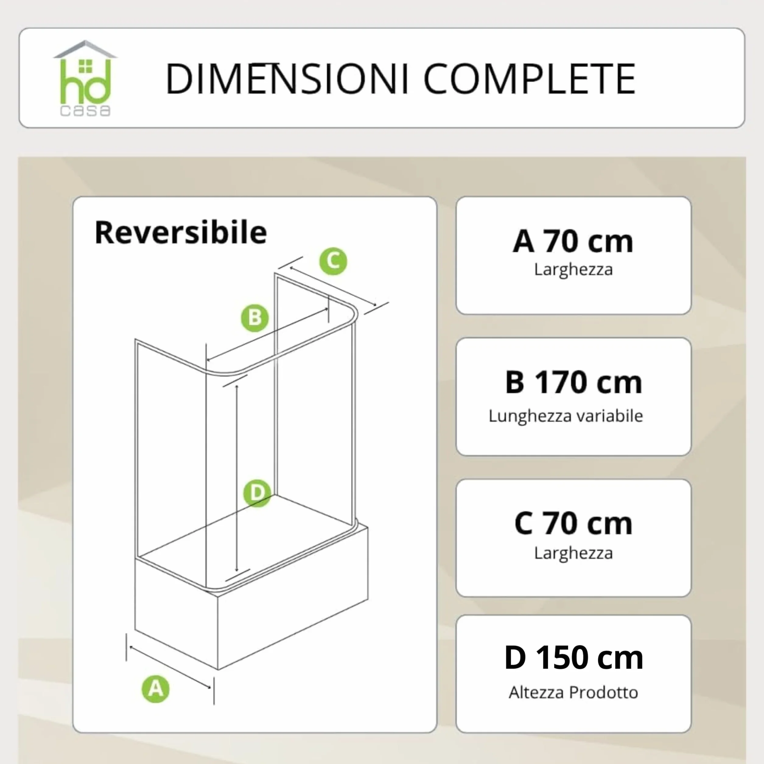 HD CASA Box Sopravasca a Soffietto 3 Ante Pannelli Semitrasparenti Profili Bianchi Cabina Doccia Salvaspazio PVC Made in Italy 70x170x70 cm