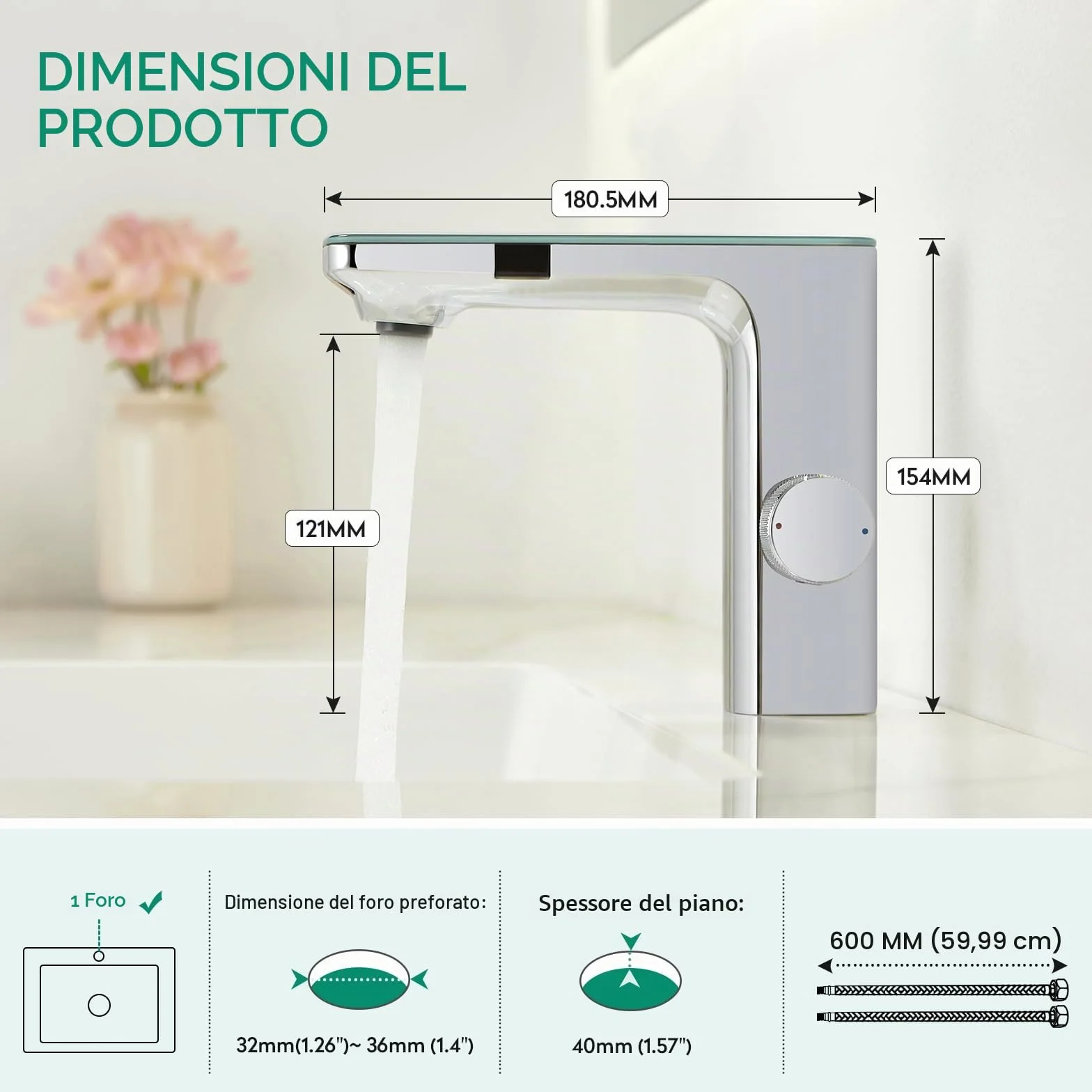 CREA Rubinetto Bagno Infrarossi, Miscelatore Lavabo Automatico con Sensore Cromato