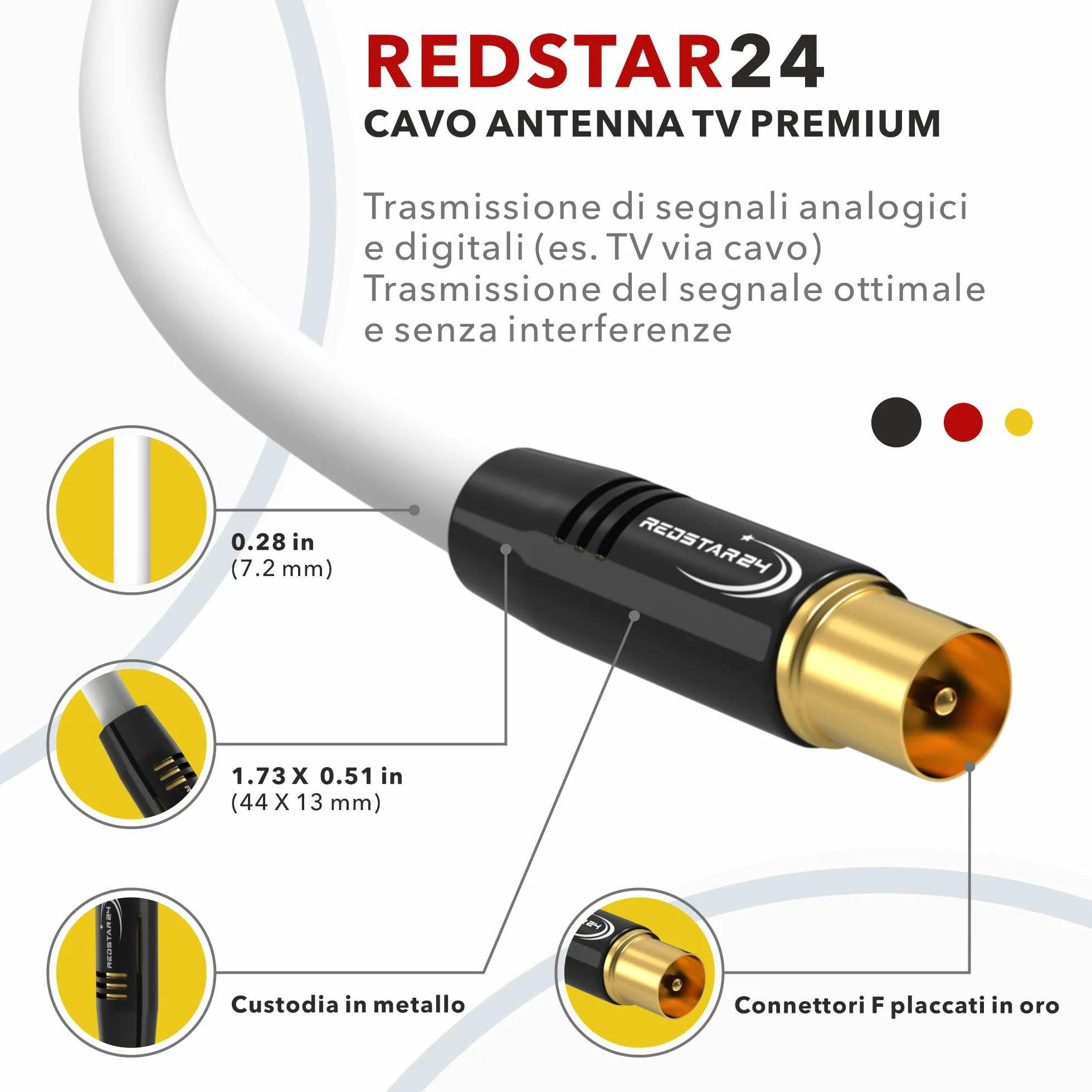 RedStar24 Cavo Antenna 1,5m Bianco - Maschio a Femmina IEC - Coassiale HDTV Premium per TV via Cavo | Compatibile Con TV, Radio, DVB-T/T2, DVB-C, DAB