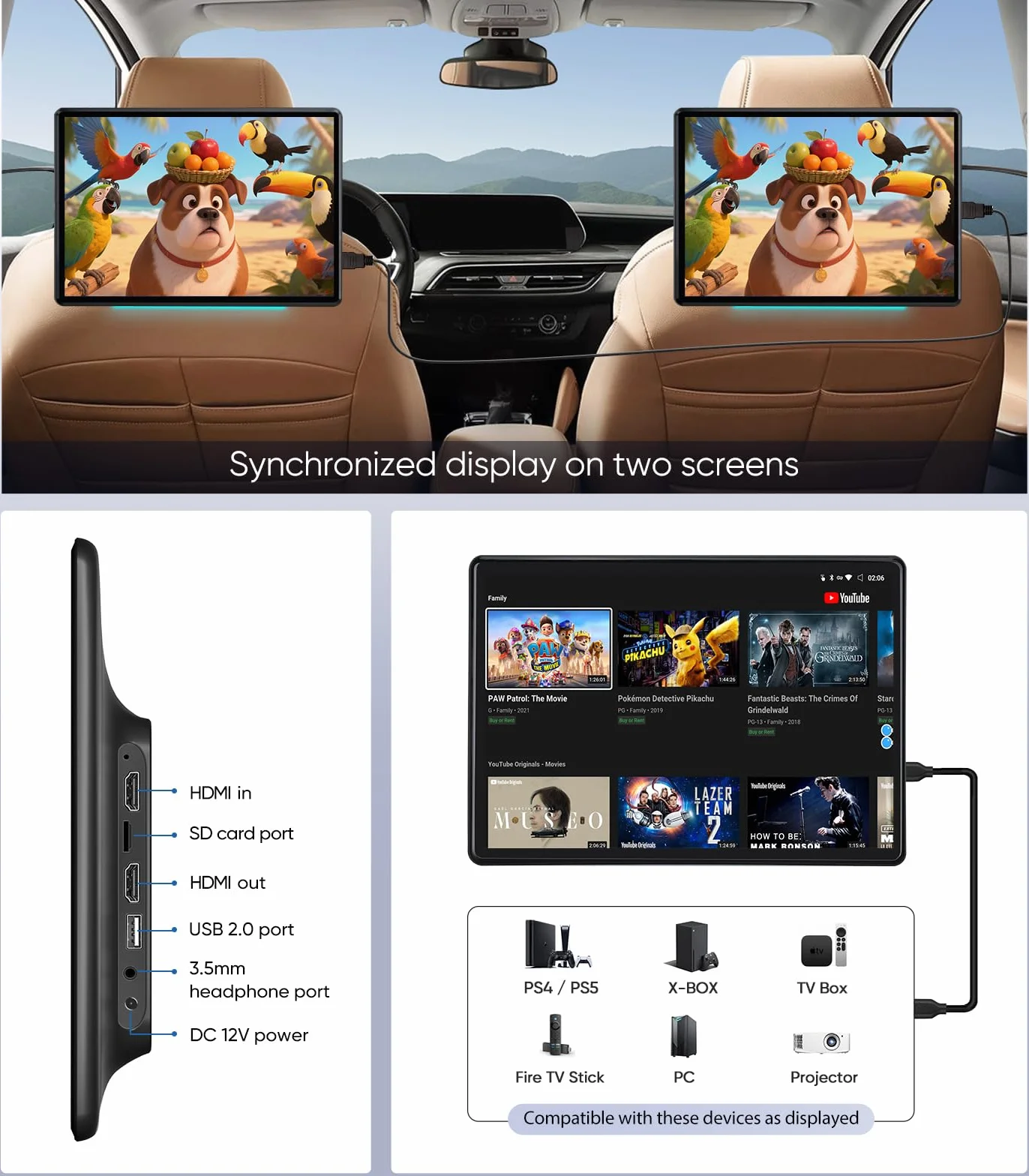 Monitor poggiatesta auto da 13,5 pollici, TV portatile per sedile posteriore, sistema di intrattenimento per sedili posteriori, mirroring wireless, riproduzione video 4K, TV per poggiatesta auto e