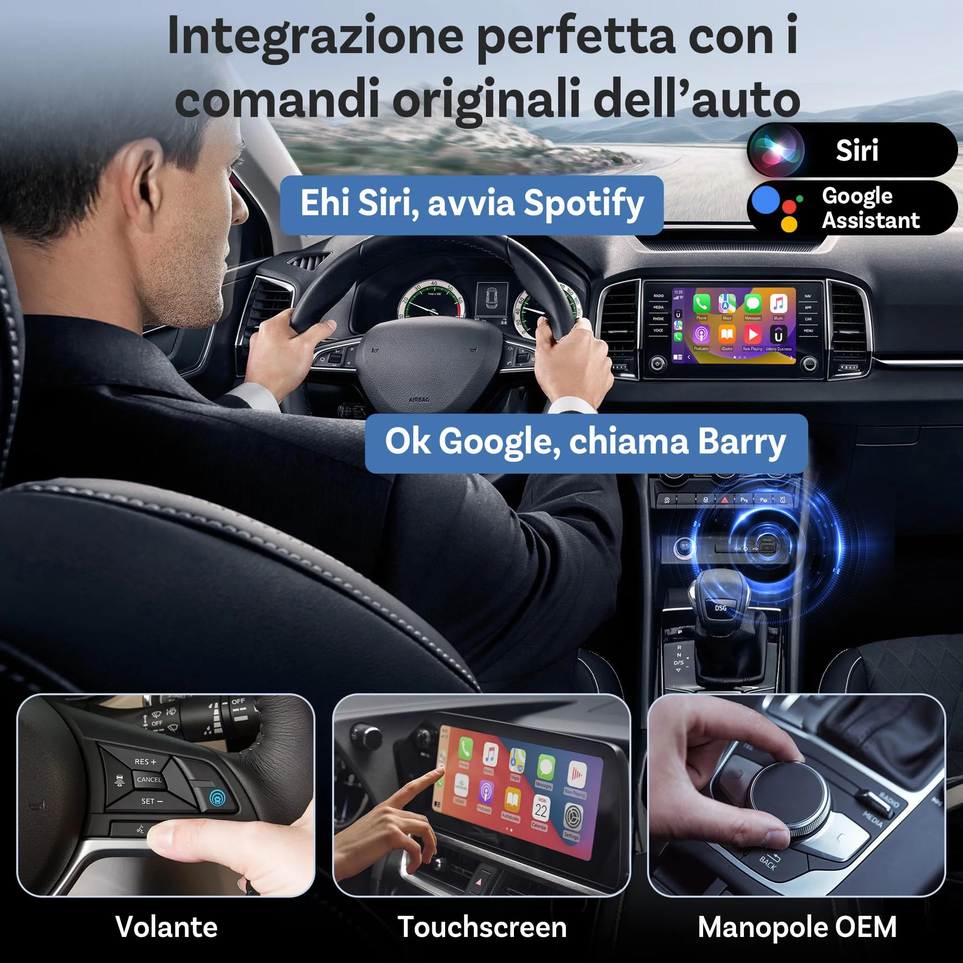 OTTOCAST Mini Core Adattatore Wireless 2 in 1 per CarPlay e Android Auto, Dongle Compatto con Wi-Fi 6 e Bluetooth 5.4, Pulsante Smart Switch, Connessione Automatica