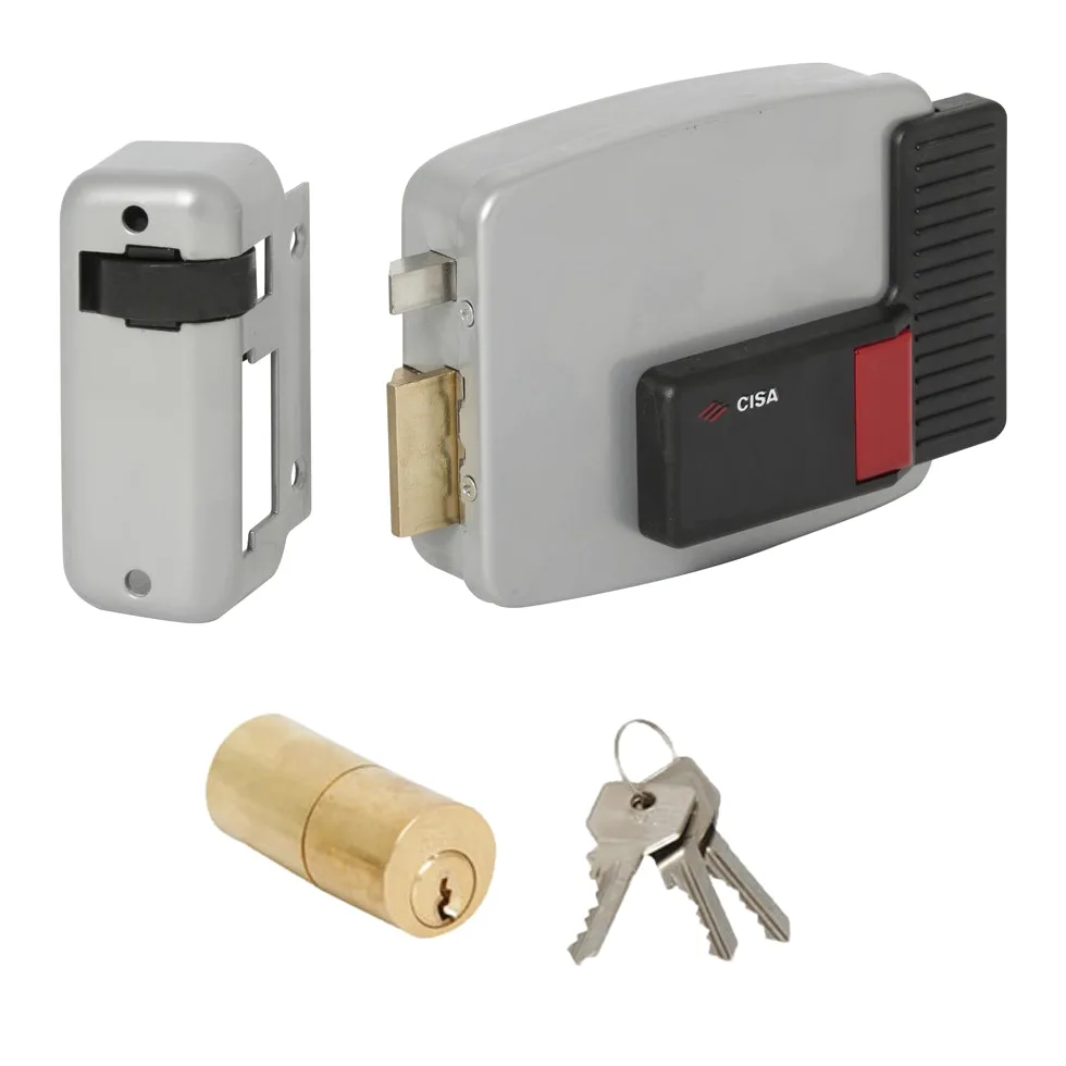 CISA 111611602, Serratura Elettrica da Applicare, 12V, Verniciato Grigio Alluminio, Entrata 60, Mano Destra, Cilindro a tubo