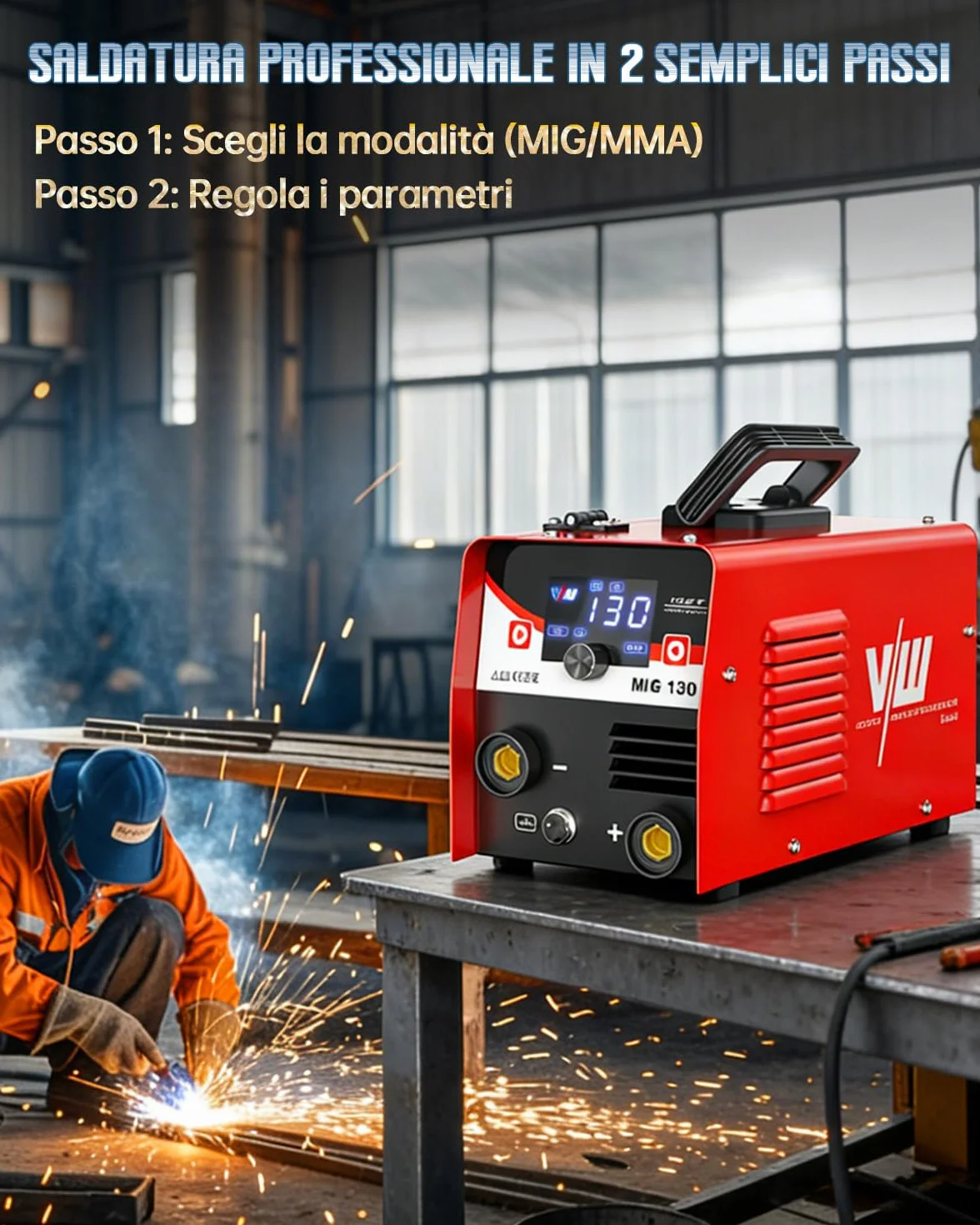 VECTOR WELDING MIG 130A Saldatrice a Filo Continuo No Gas 3 in 1 Inverter IGBT con Maschera Auto-Oscurante