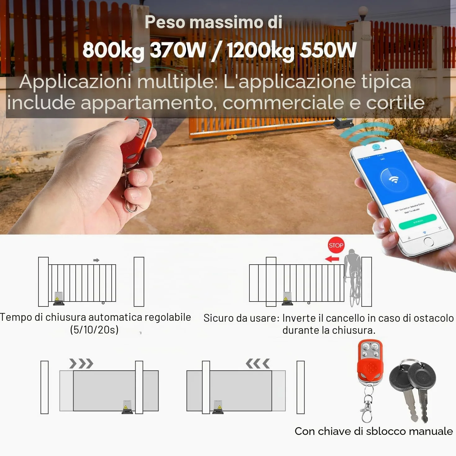 800kg 370W Smart WiFi Kit Automazione Cancello Scorrevole, Motore Cancello Scorrevole per Porte Fino a 12 m, con 2 Telecomandi, Cremagliera da 4 m e 2 chiavi