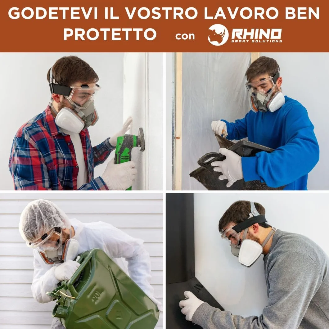 RHINO Smart Solutions Maschera Antigas A1 con Filtri, Occhiali, Guanti di Sicurezza Antipolvere Verniciatura