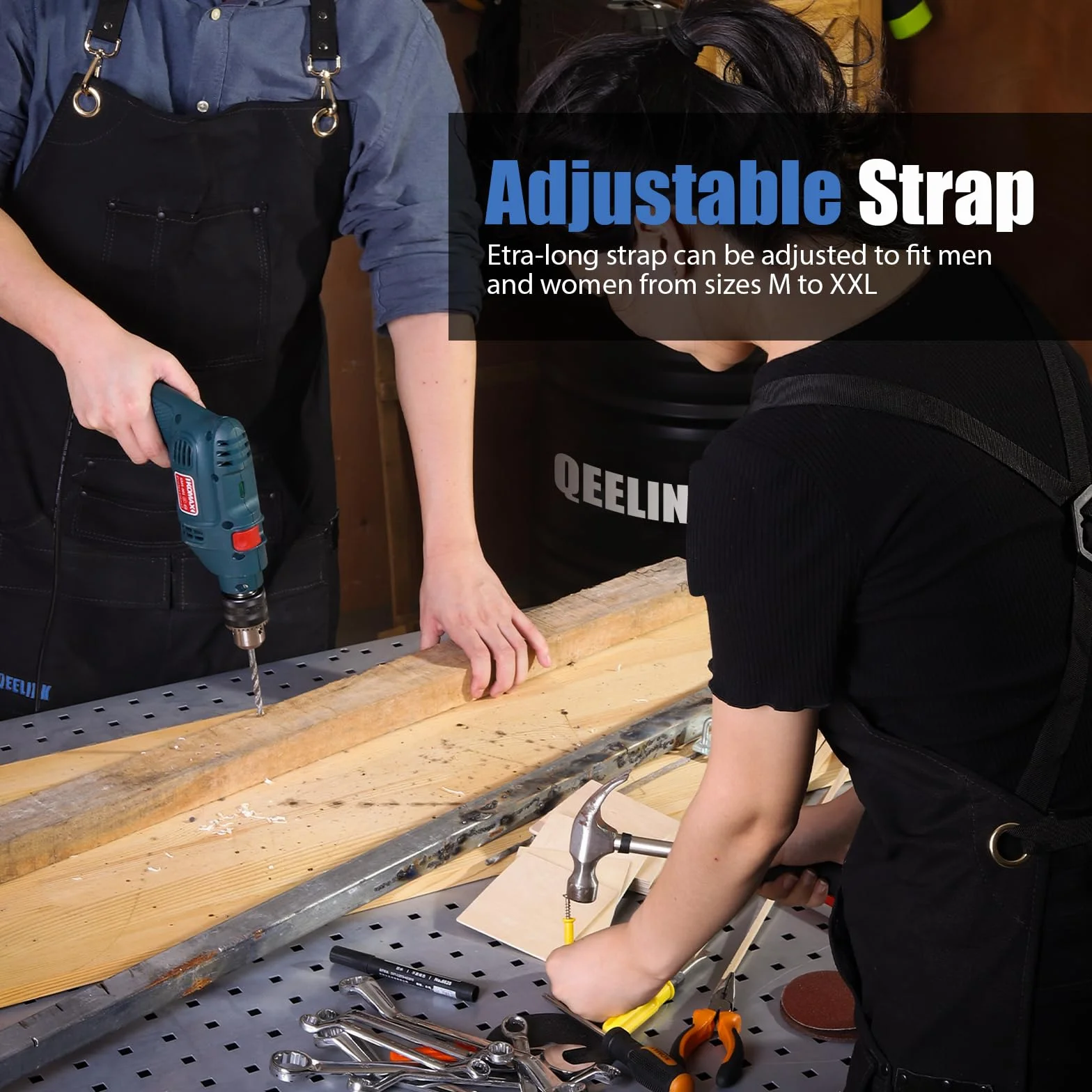 QeeLink Grembiule da Lavoro per Carpentiere con 10 Tasche, Grembiule Saldatura Tela Ignifugo con Cinturino Incrociato sul Retro, Grembiule Falegname Regolabile da M a XXXL per Artigiano e Officina