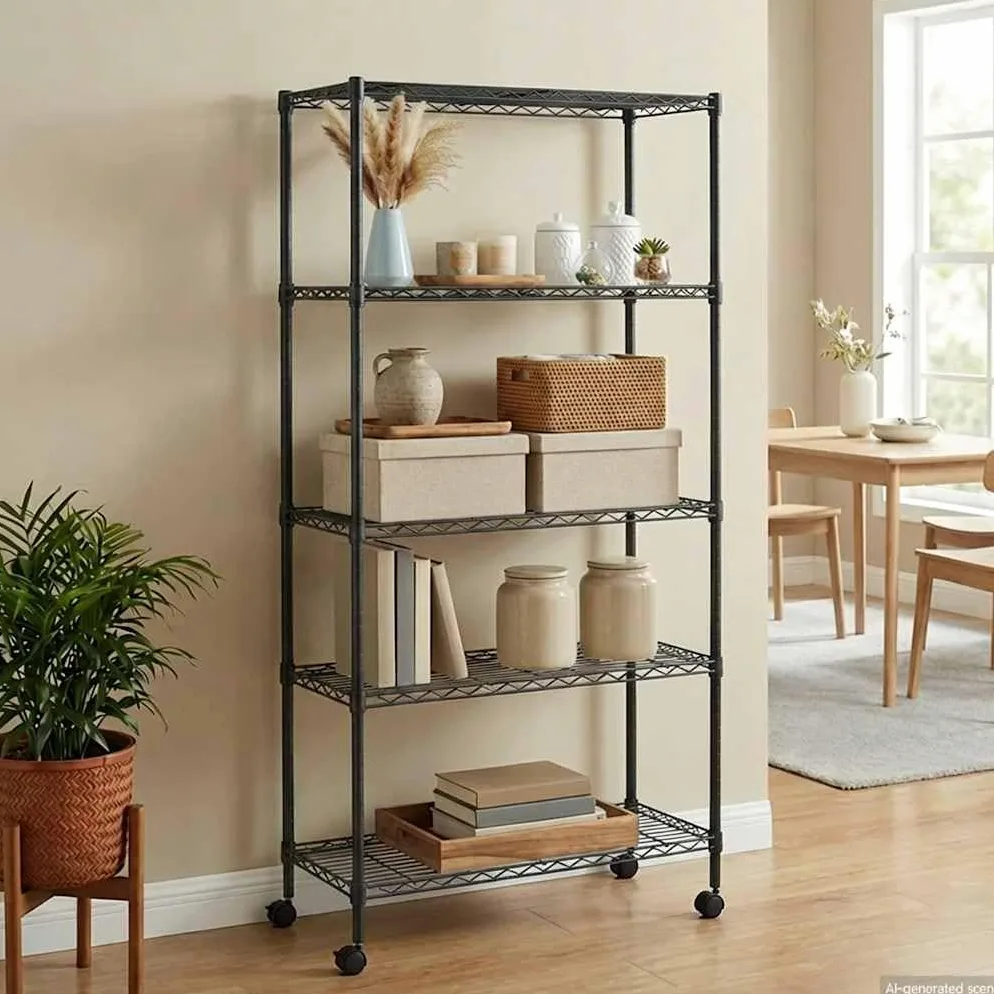 Scaffale in ferro nero con ripiani a griglia e 4 ruote, versatile per cucina, bagno, ufficio, cantina o officina