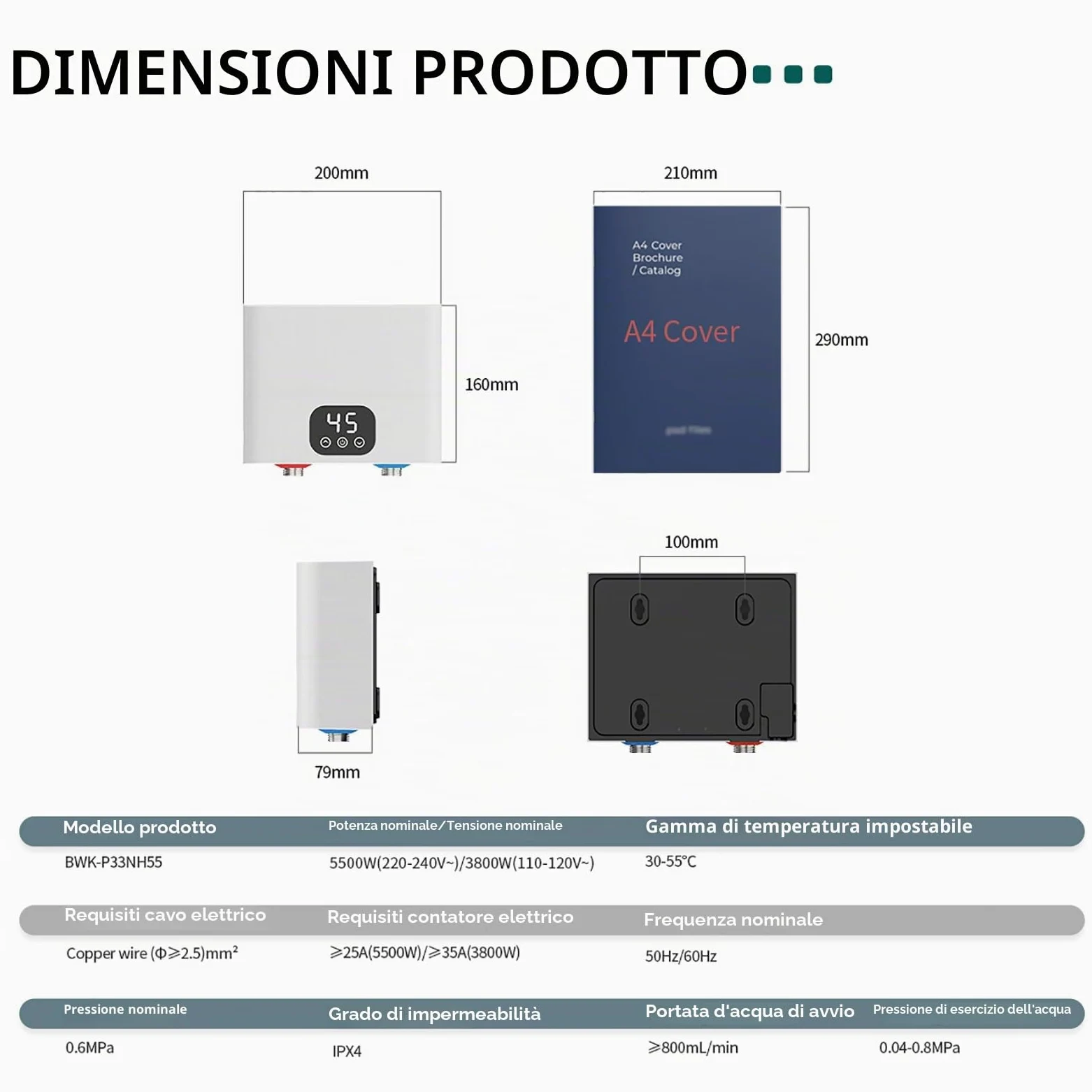 Scaldabagno Elettrico Istantaneo 220v 5500w Scaldacqua Istantaneo a Parete Mini Scaldabagno Istantaneo Elettrico con Display LED Della Temperatura Scaldabagni Elettrici per Cucina e Bagno (Quadrato)