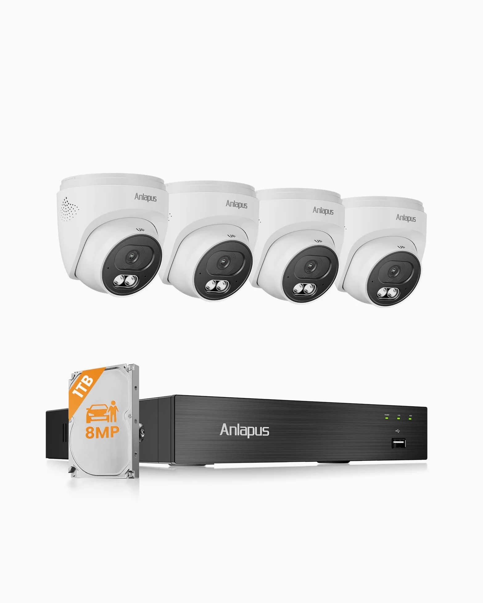 Anlapus 4K 8MP Set di telecamere di sorveglianza per esterni, 8CH 1TB DVR, 4 telecamere dome BNC cablate con registrazione audio, riconoscimento KI persone e veicoli, IP66 resistente alle intemperie