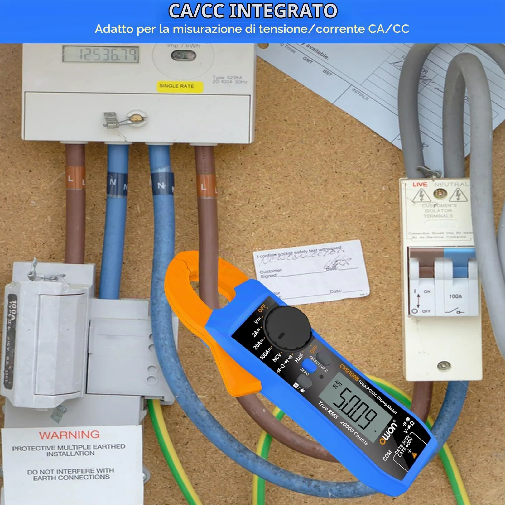 OWON CM2100B Pinza amperometrica Bluetooth 20000 conteggi palmare True RMS 600V 100A AC/DC Test corrente e tensione con protezione da sovraccarico VFC, tester di capacità di resistenza, funzione NCV