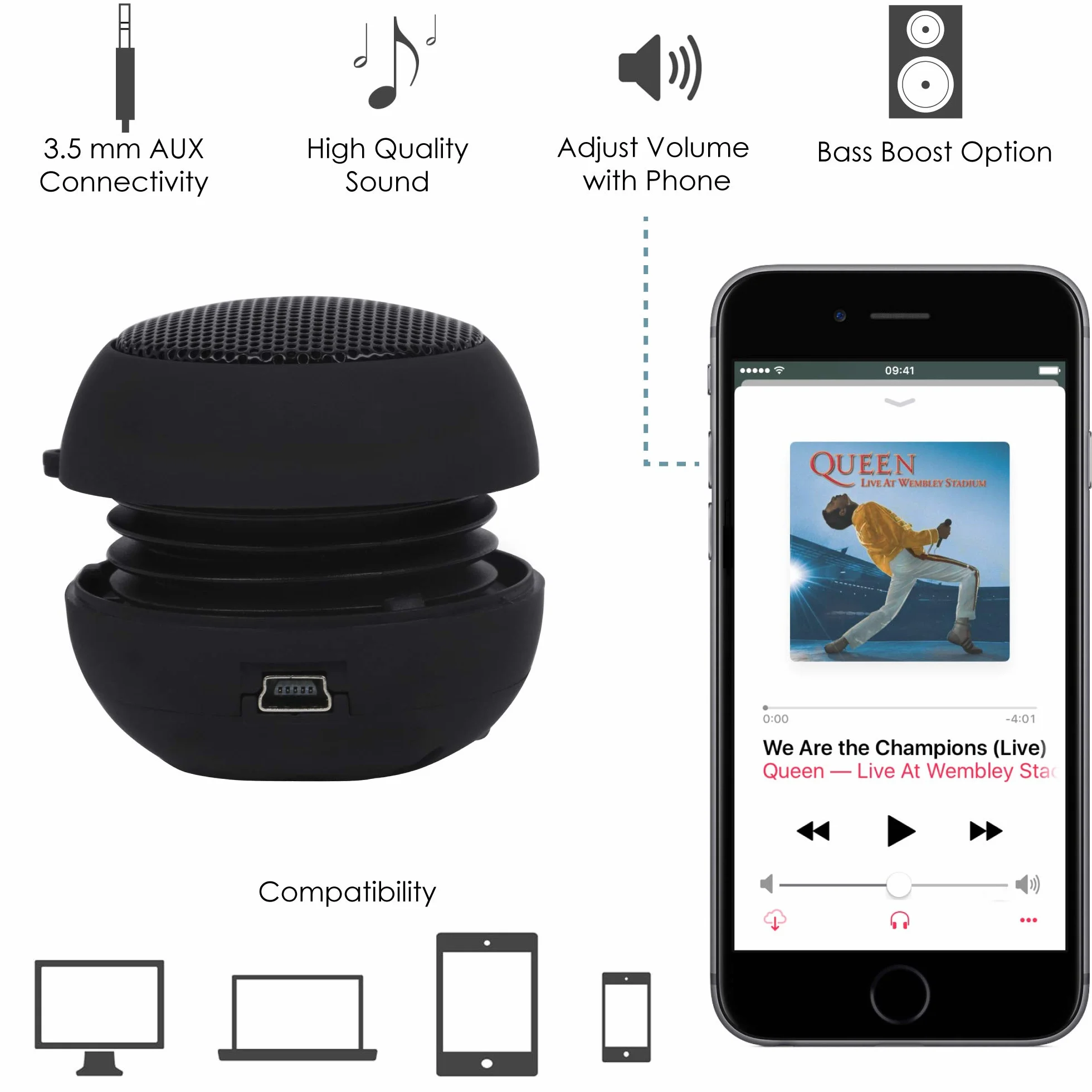 TRIXES Mini altoparlante da viaggio per iPod, iPhone, iTouch, iPad, MP3, Nero