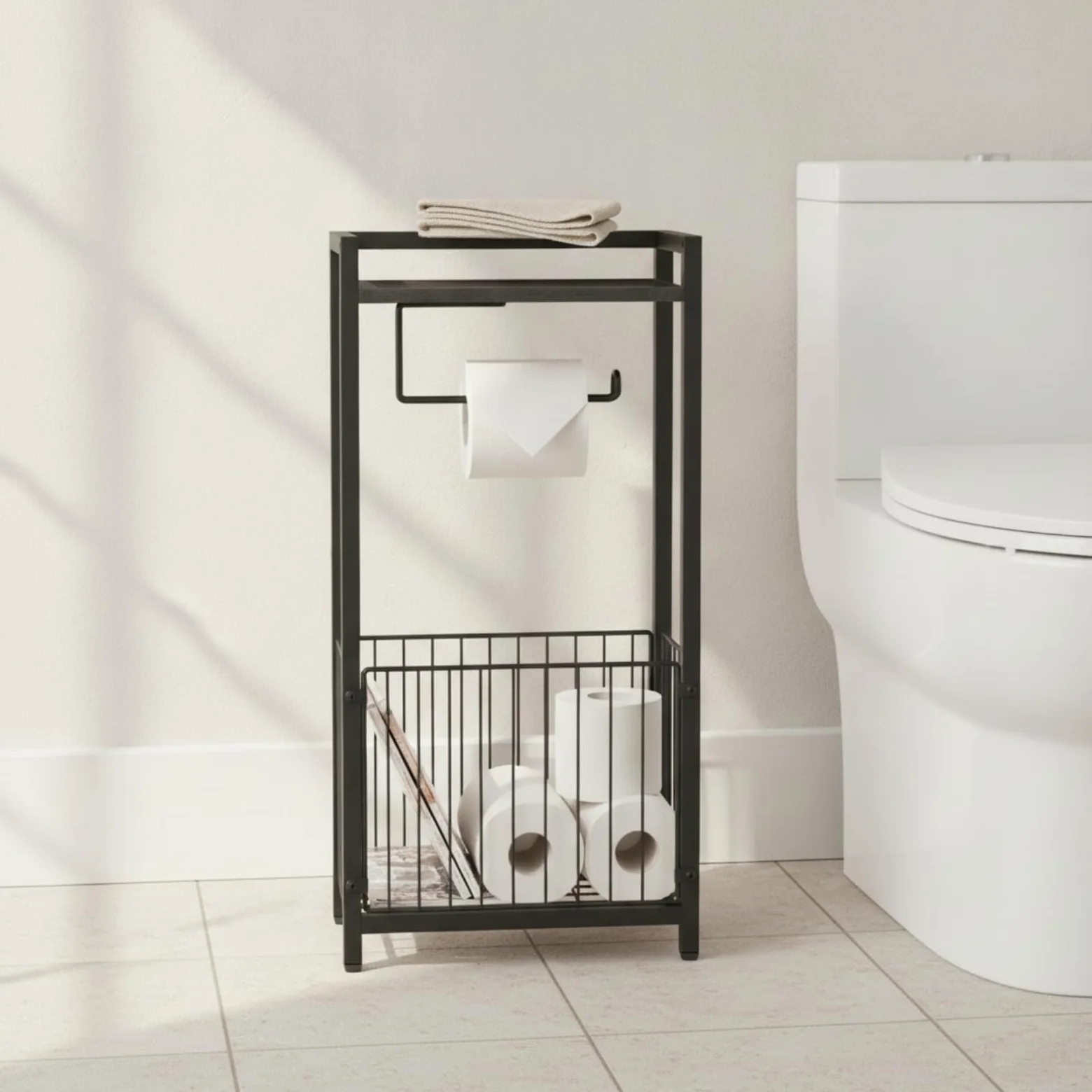 predolo Porta Carta Igienica da Terra in Metallo Portarotolo da Terra Compatto Piantana Bagno, Nero