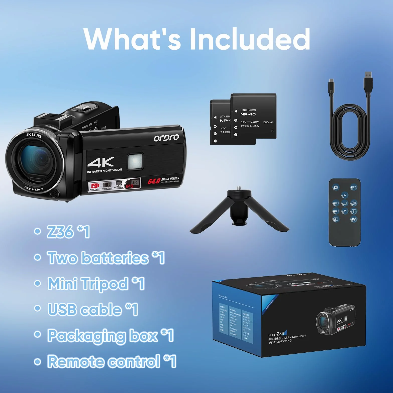 ORDRO Videocamera 4K, Camcorder 64MP 18x Zoom Digitale, Visione Notturna IR, Luce di Bilanciamento, Schermo Rotante 3.0" 270°, Videocamera per Vlog YouTube con Treppiede e 2 Batterie