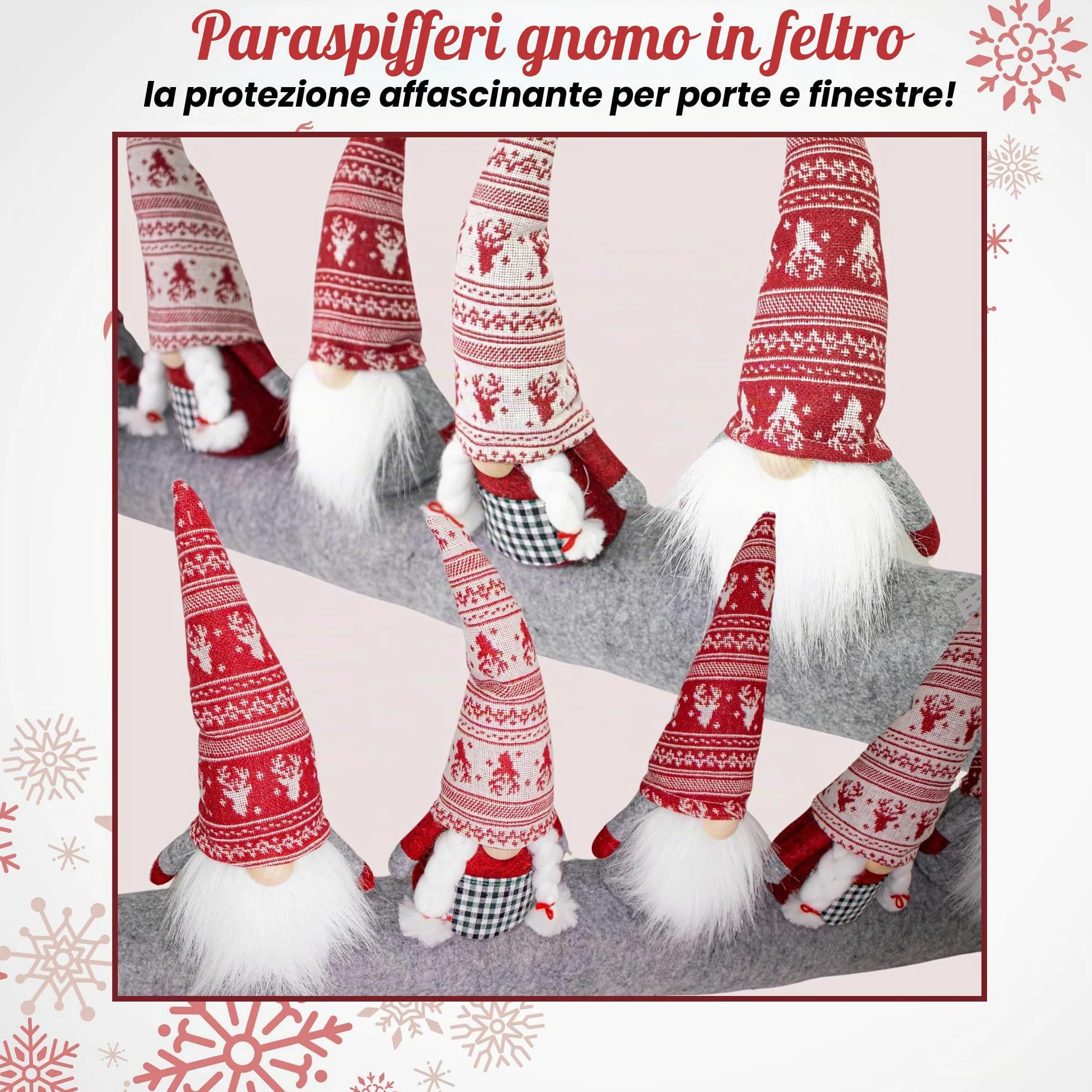 Paraspifferi per porte con 5 gnomi, 90 cm, in feltro, guarnizione per porte standard, design natalizio, paraspifferi per porta di casa, altezza 25 cm, decorazione e protezione contro correnti d'aria