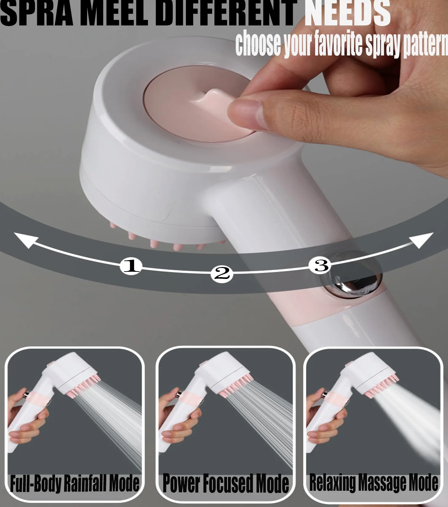 Soffione doccia con palmare, Soffioni doccia ad alta pressione, flusso elevato anche con bassa pressione dell'acqua - Set soffione doccia a mano a 3 modalità con tubo di ricambio/staffa/filtri in