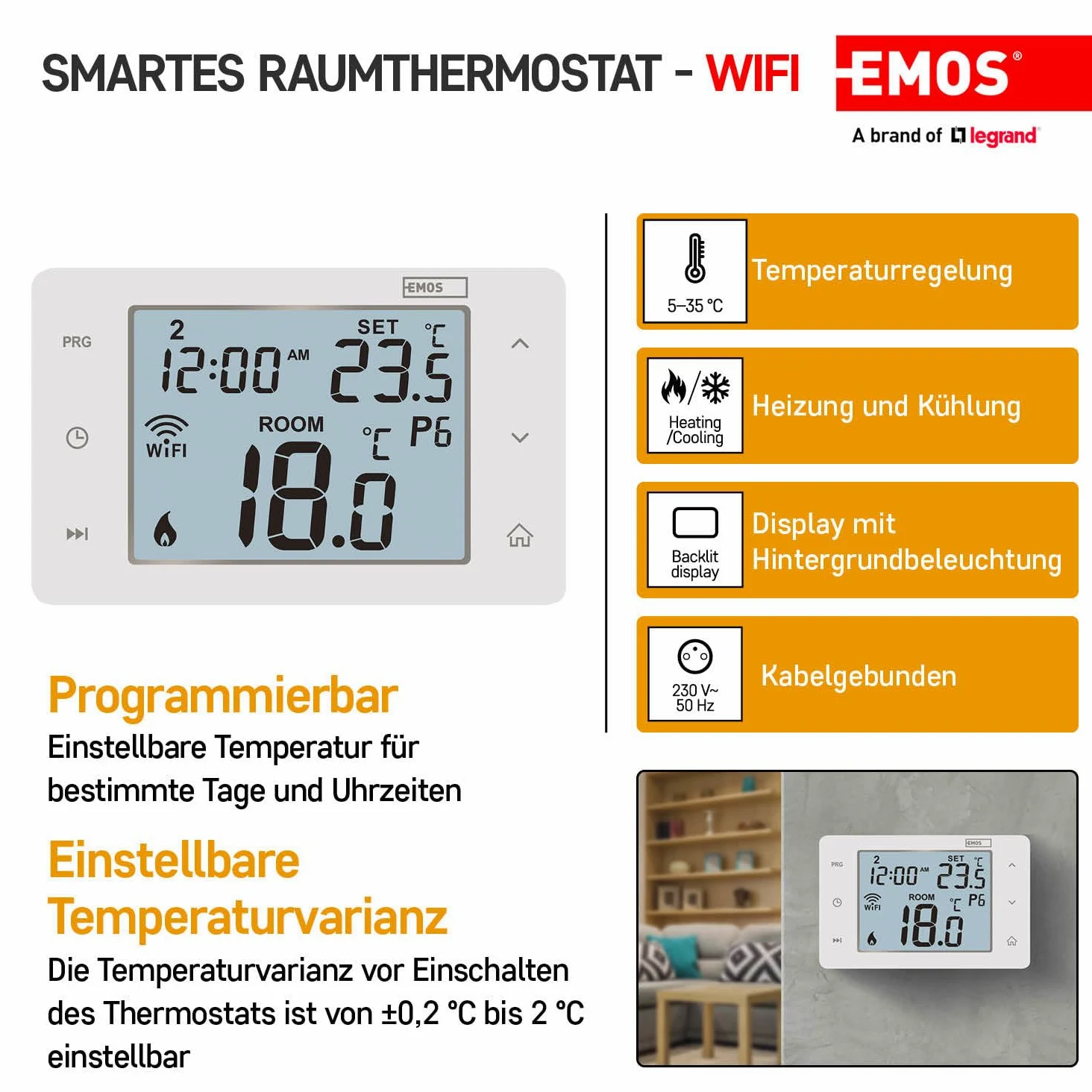 EMOS GoSmart - Termostato smart per la casa con app - WiFi - Termostato IP per riscaldamento/raffreddamento - a risparmio energetico - compatibile con Tuya, Google Assistant e Alexa - bianco