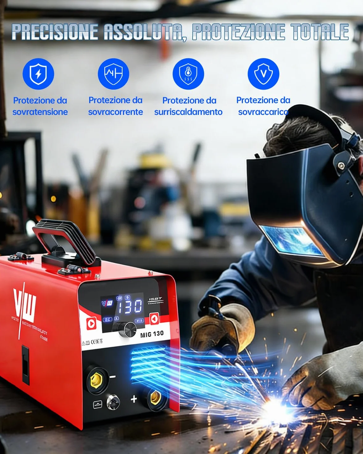 VECTOR WELDING MIG 130A Saldatrice a Filo Continuo No Gas 3 in 1 Inverter IGBT con Maschera Auto-Oscurante