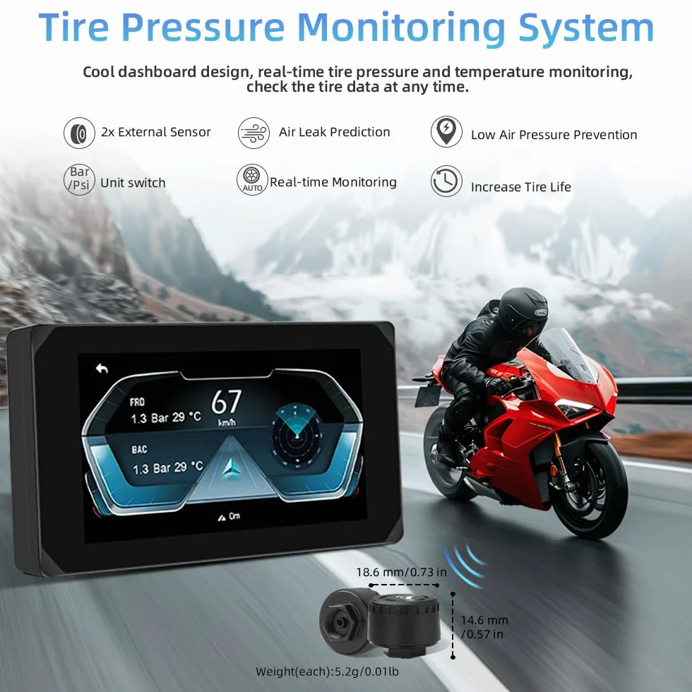 VSYSTO Schermo per moto, CarPlay e Android Auto Senza Fili, 5'' Schermo Carplay Moto con Doppia telecamera 1080P, Impermeabile IP65 Touchscreen con Navigation GPS, Bluetooth, Siri/Assistant, TPMS