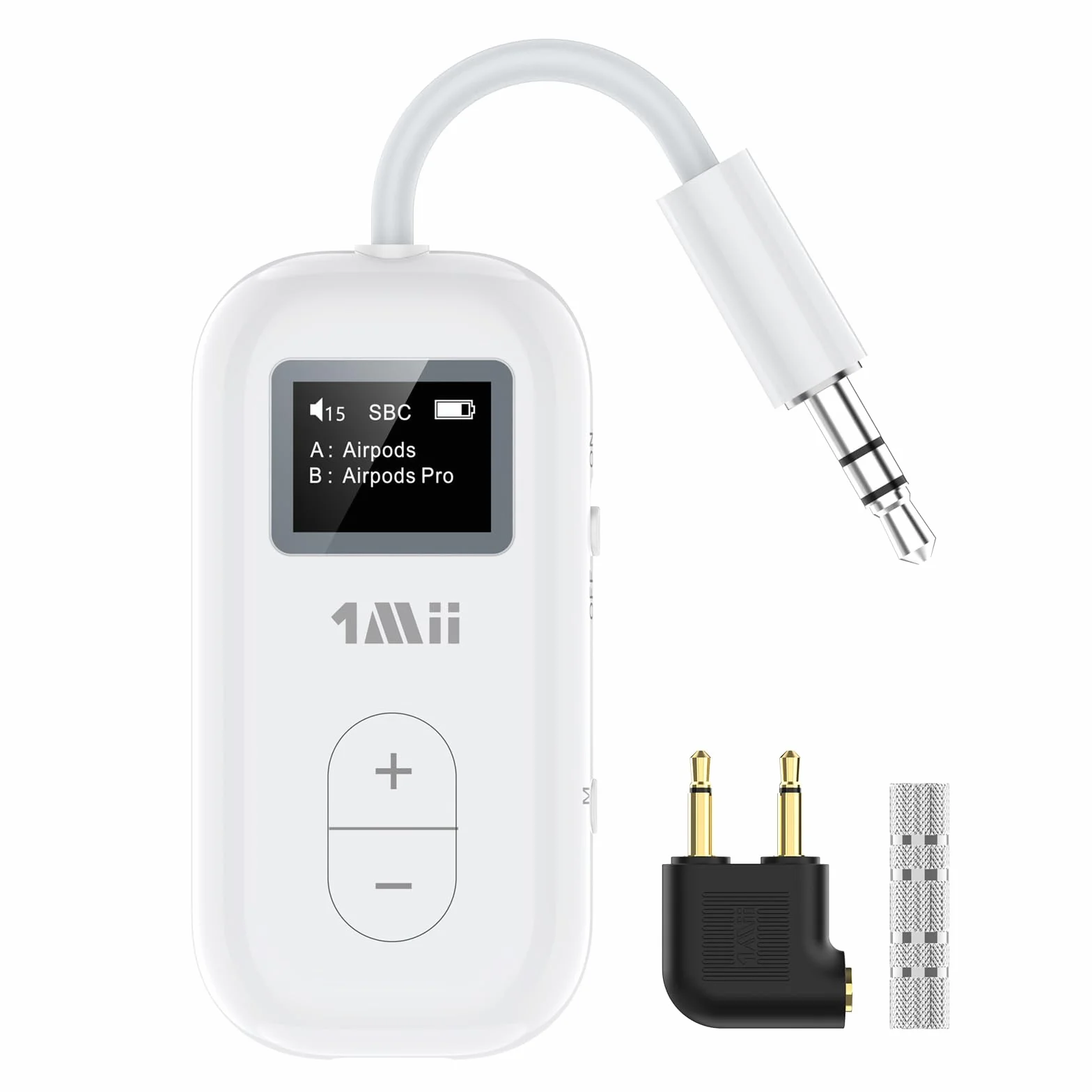 1Mii Adattatore Bluetooth 5.3 da Aereo per 2 Cuffie Wireless, Supporta Bassa Latenza & HD con Display, Trasmettitore Wireless Audio 3,5 Mm AUX da 25 Ore per Aereo, TV, Palestra - Solo Trasmettitore